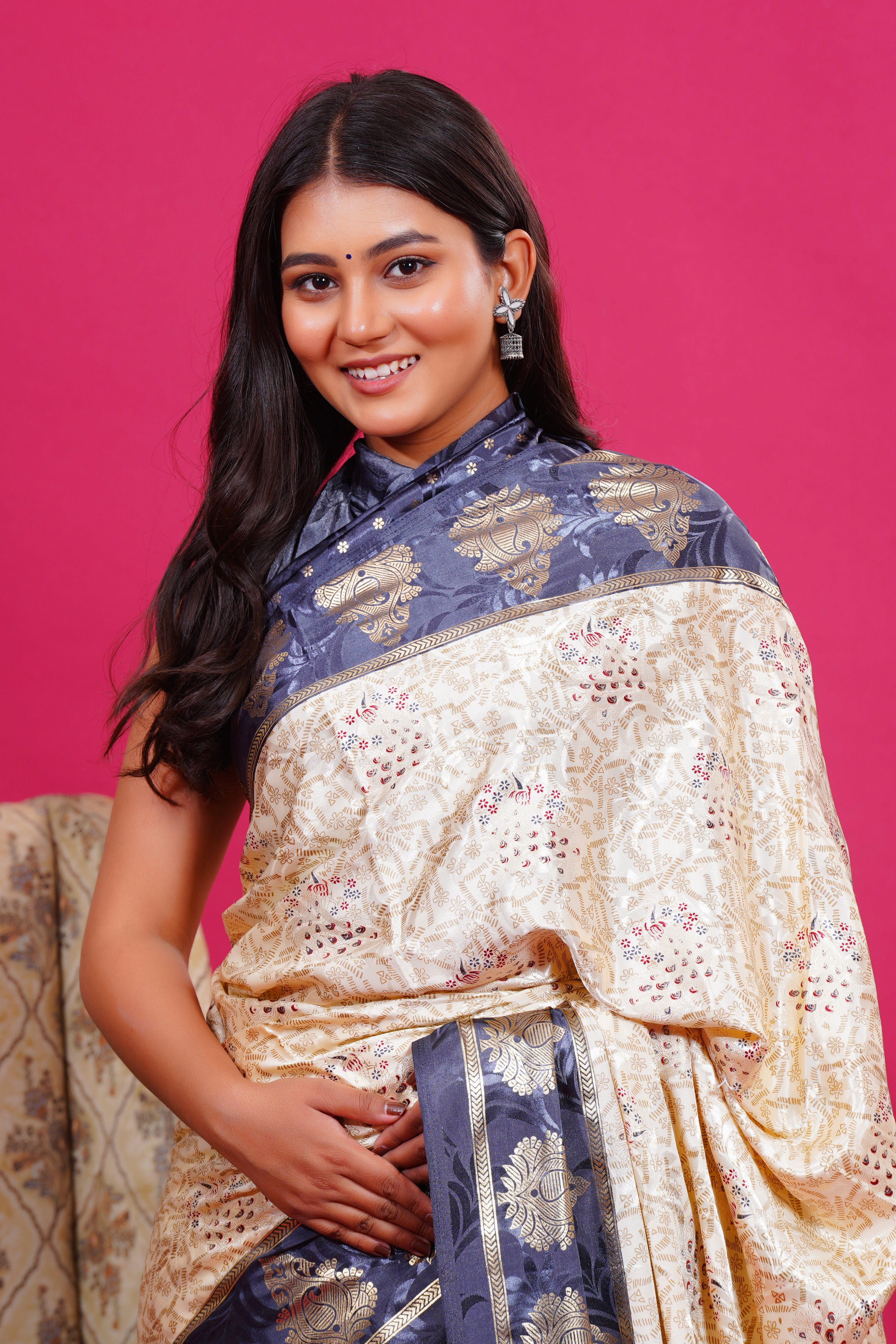 Grey Golden Kalash Peacock Silk Saree