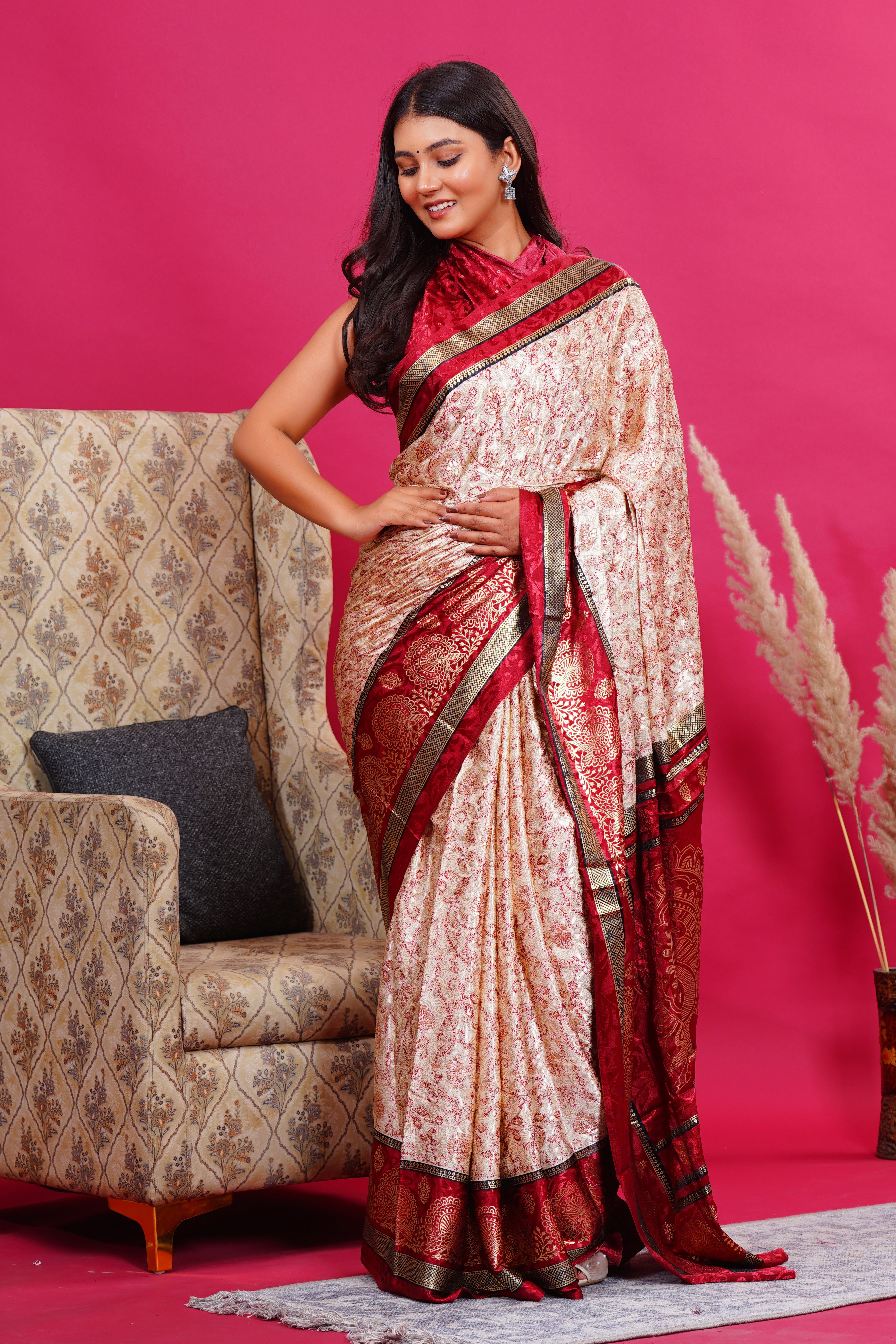 Maroon Golden Flower Peacock Silk Saree