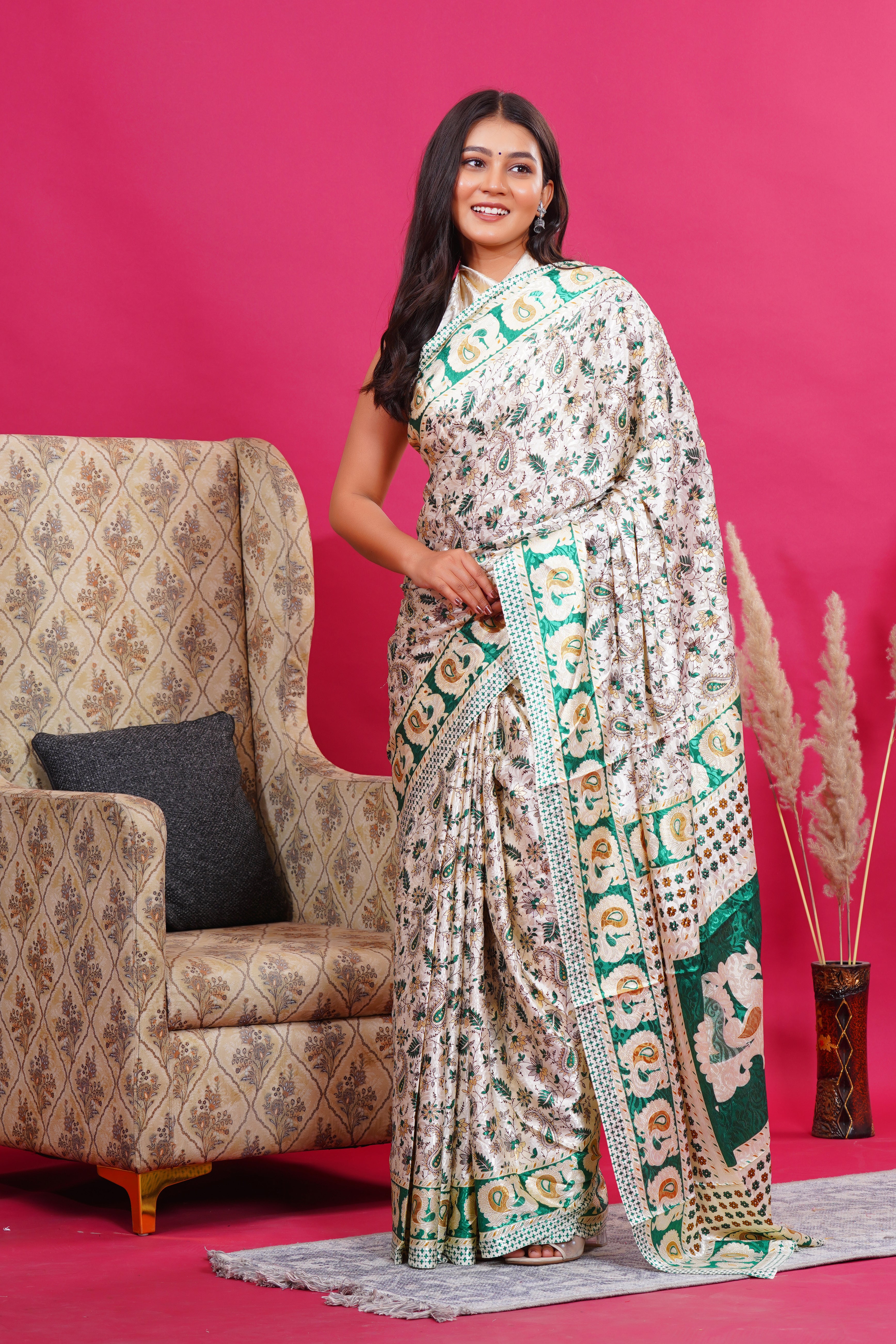 Green Golden Floral Peacock Silk Saree