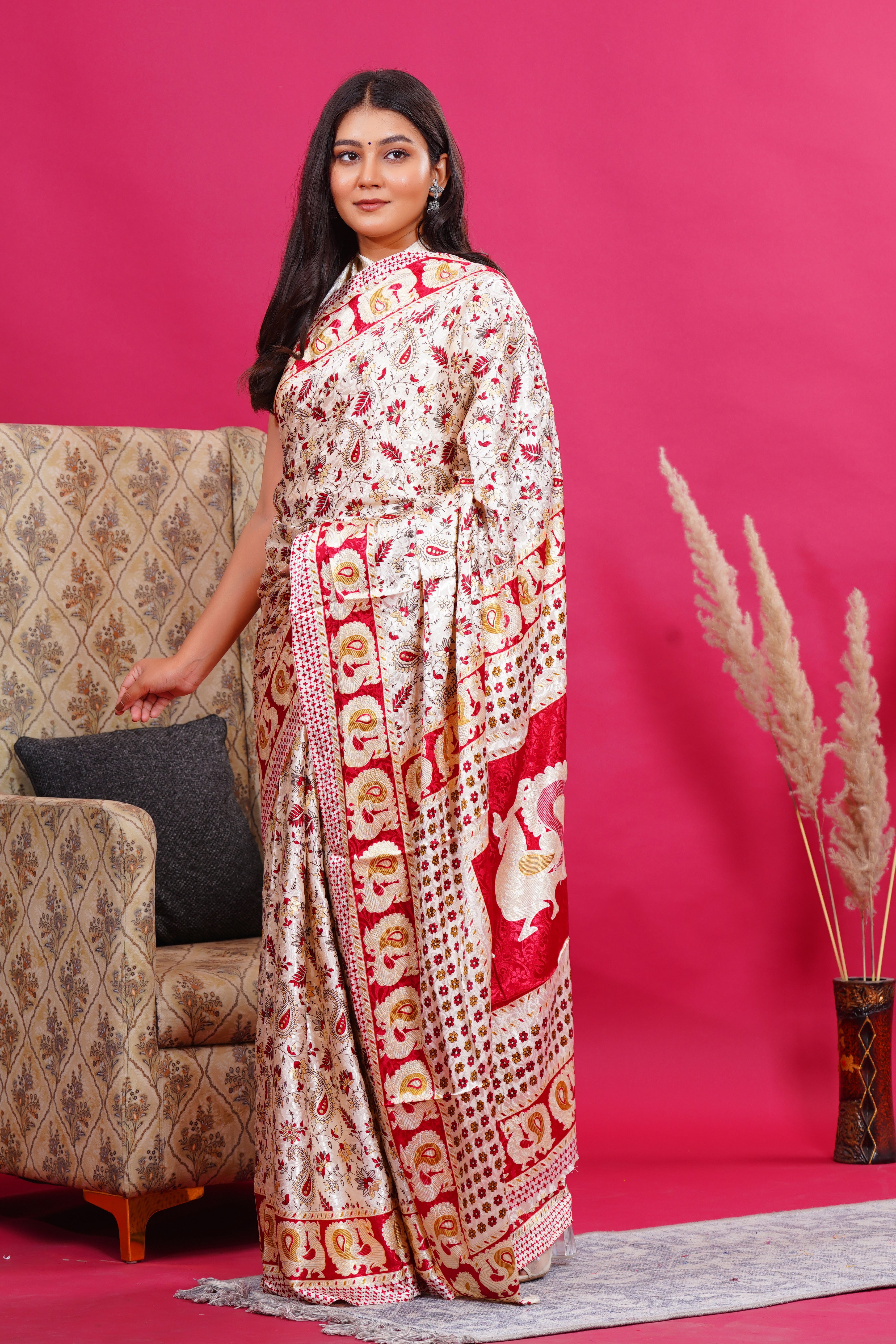 Maroon Golden Floral Peacock Silk Saree