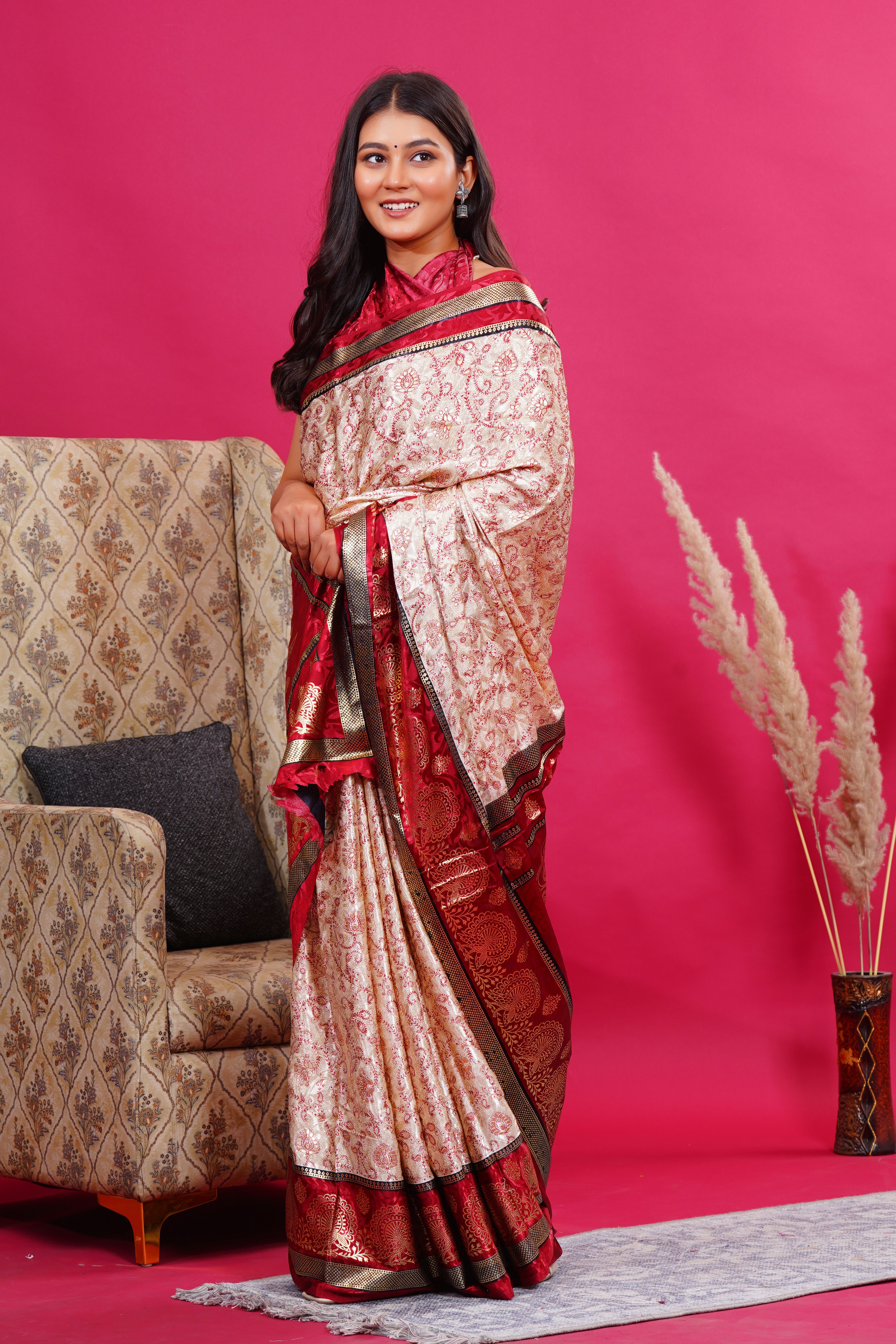 Maroon Golden Flower Peacock Silk Saree