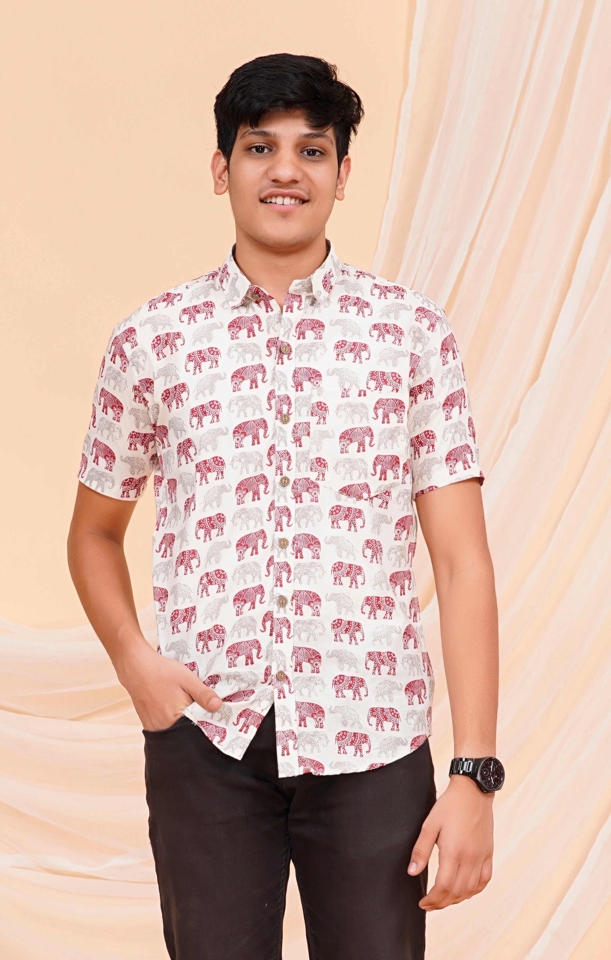 Maroon Cream Elephant Half Sleeves Shirt
