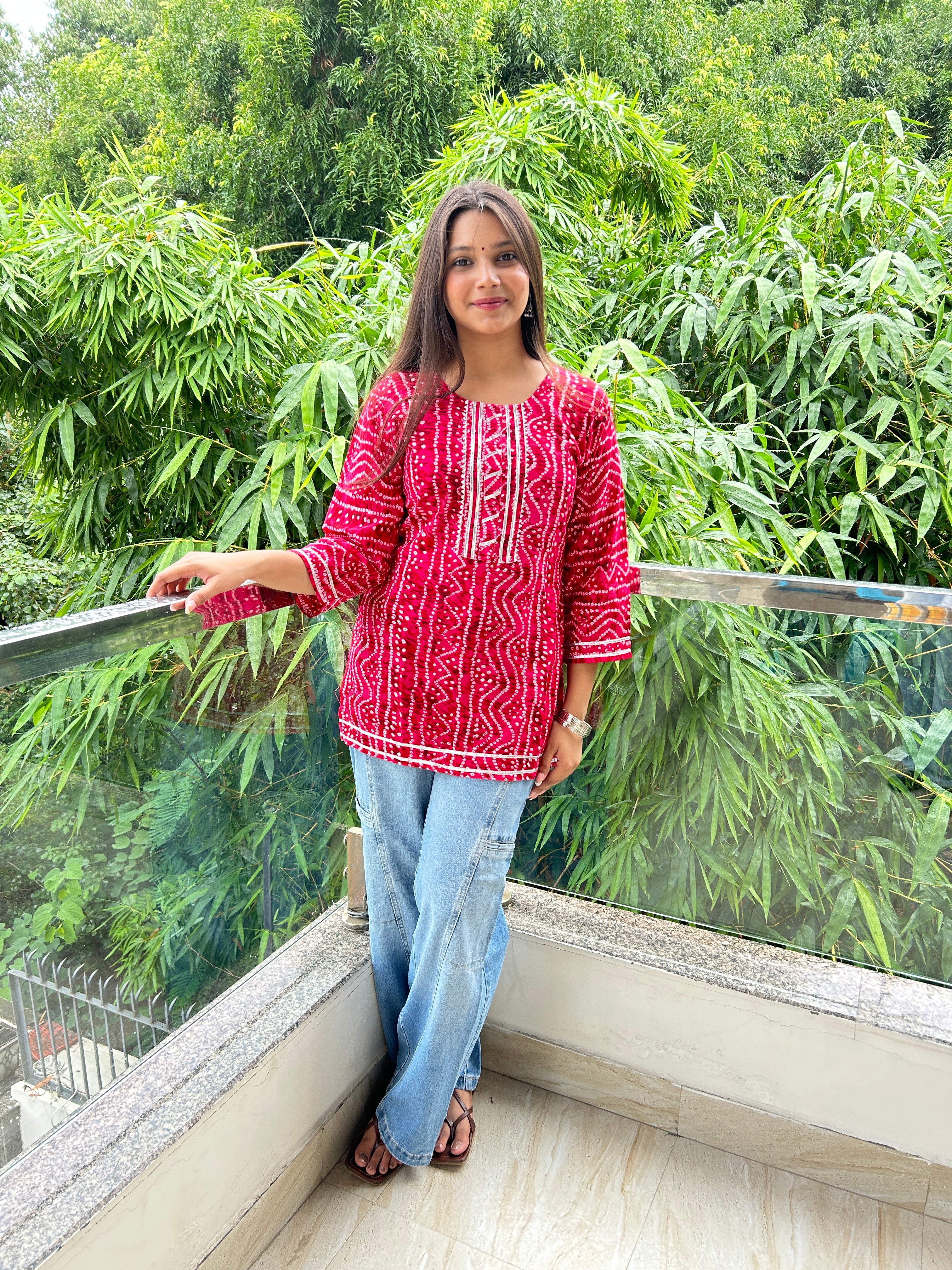 Rani Pink Bandhej Noorani Kurti