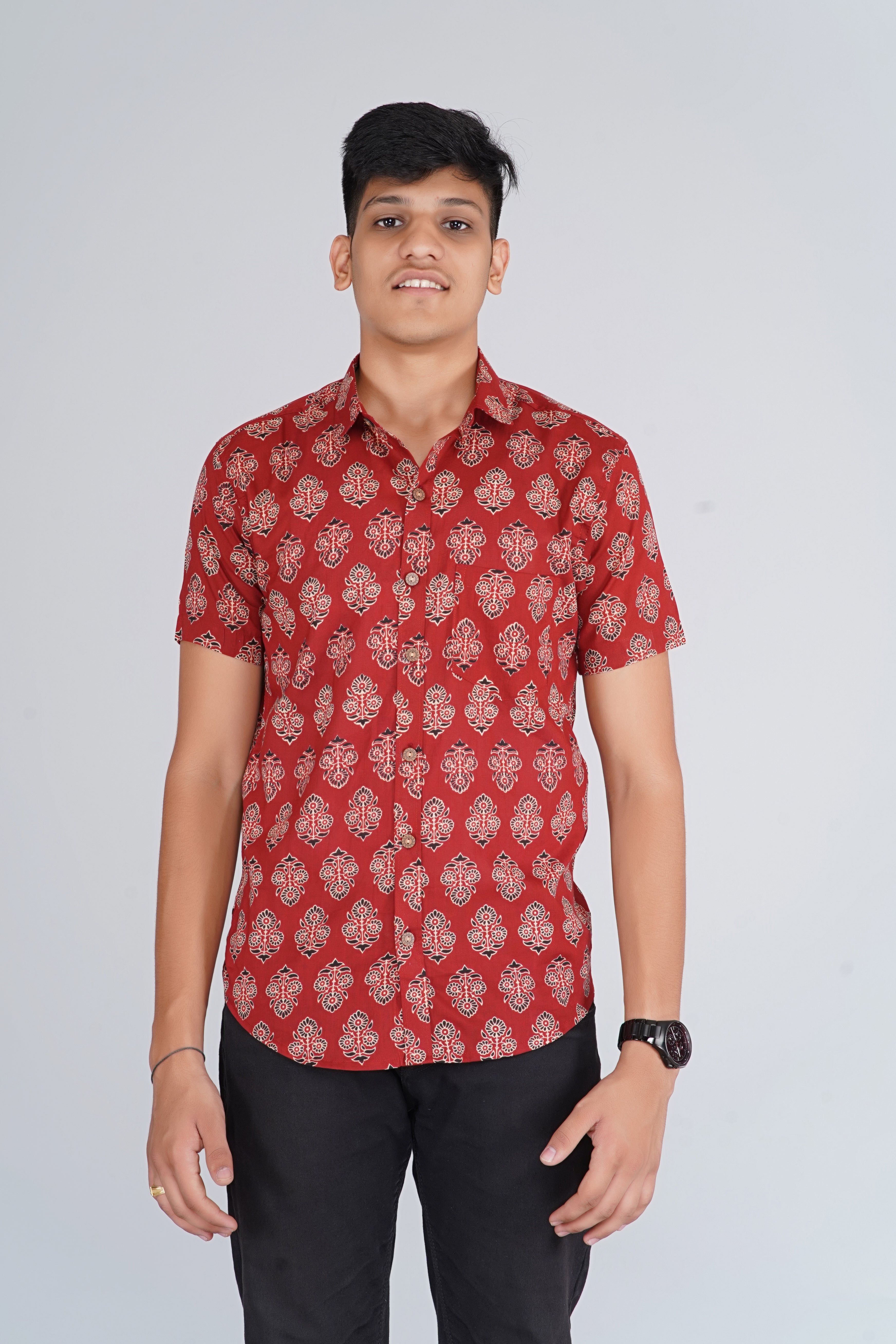 Maroon Ajrakh Butta Half Sleeves Shirt