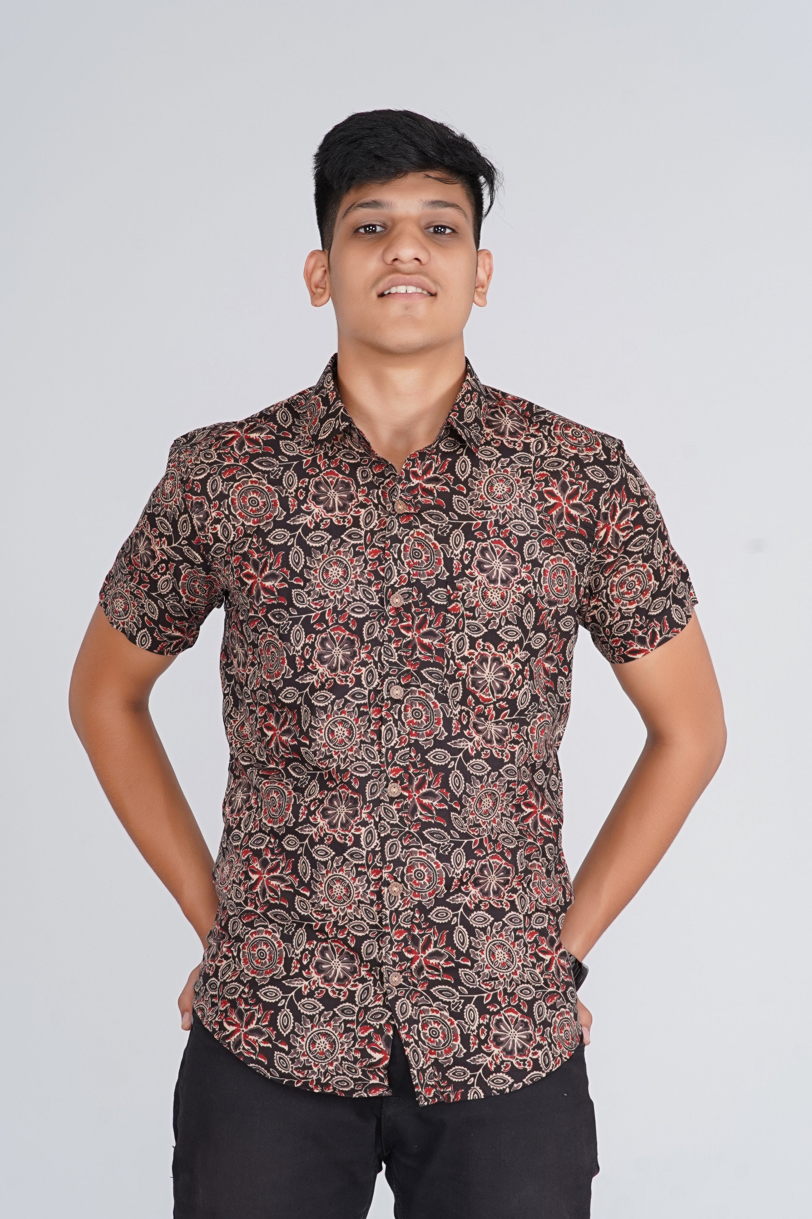 Ajrakh Jaal Half Sleevs Black Shirt