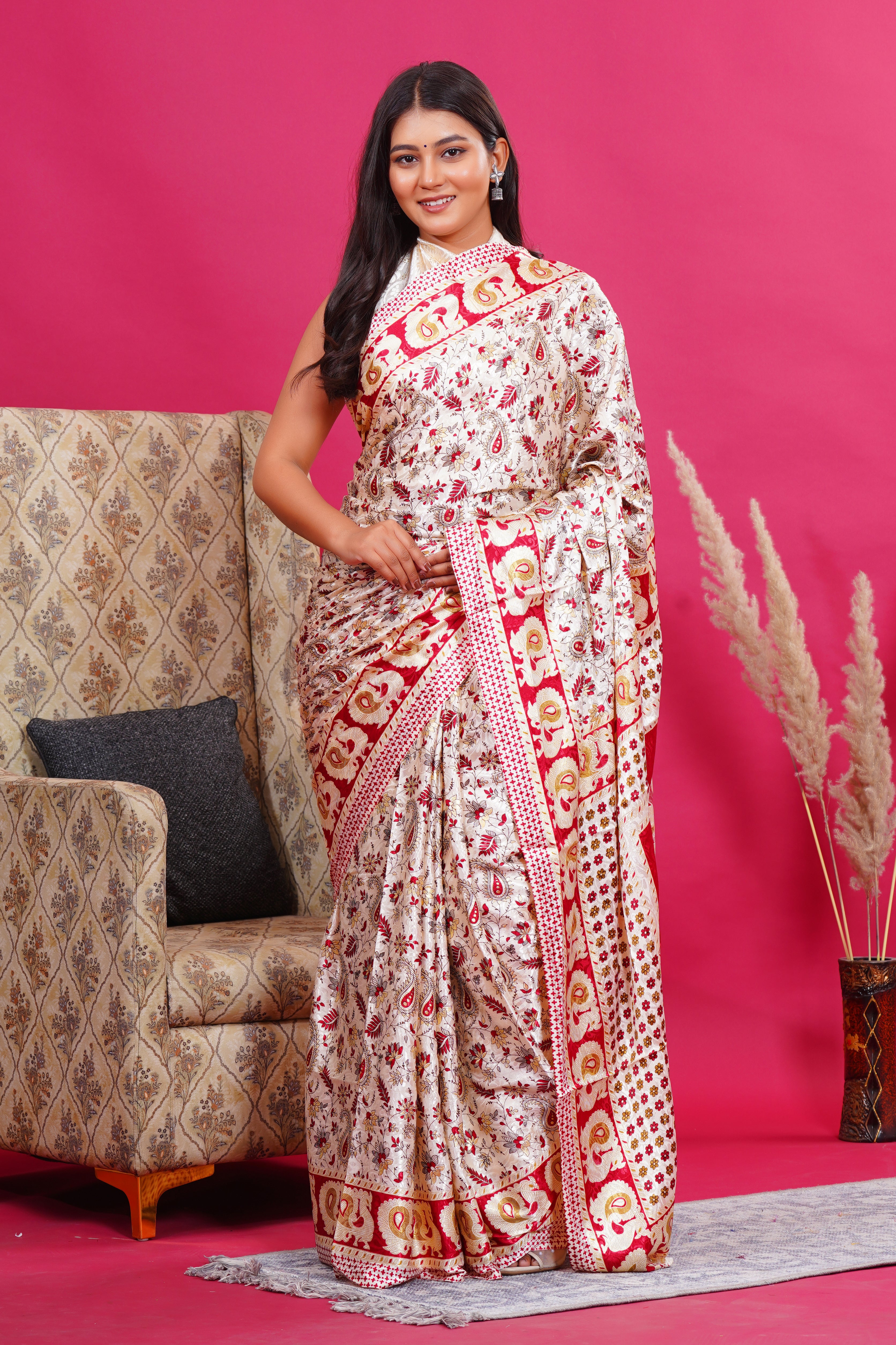 Maroon Golden Floral Peacock Silk Saree