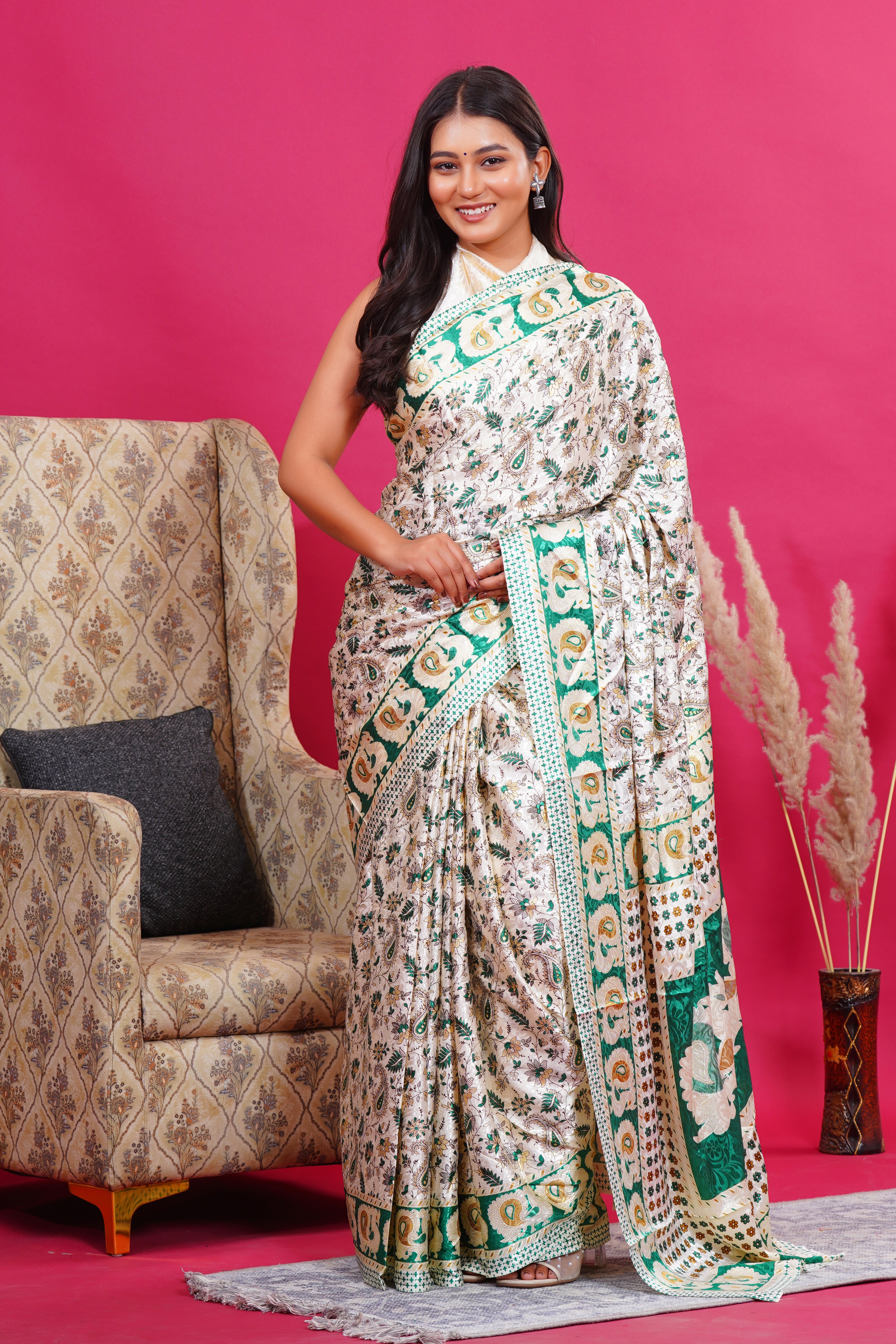 Green Golden Floral Peacock Silk Saree