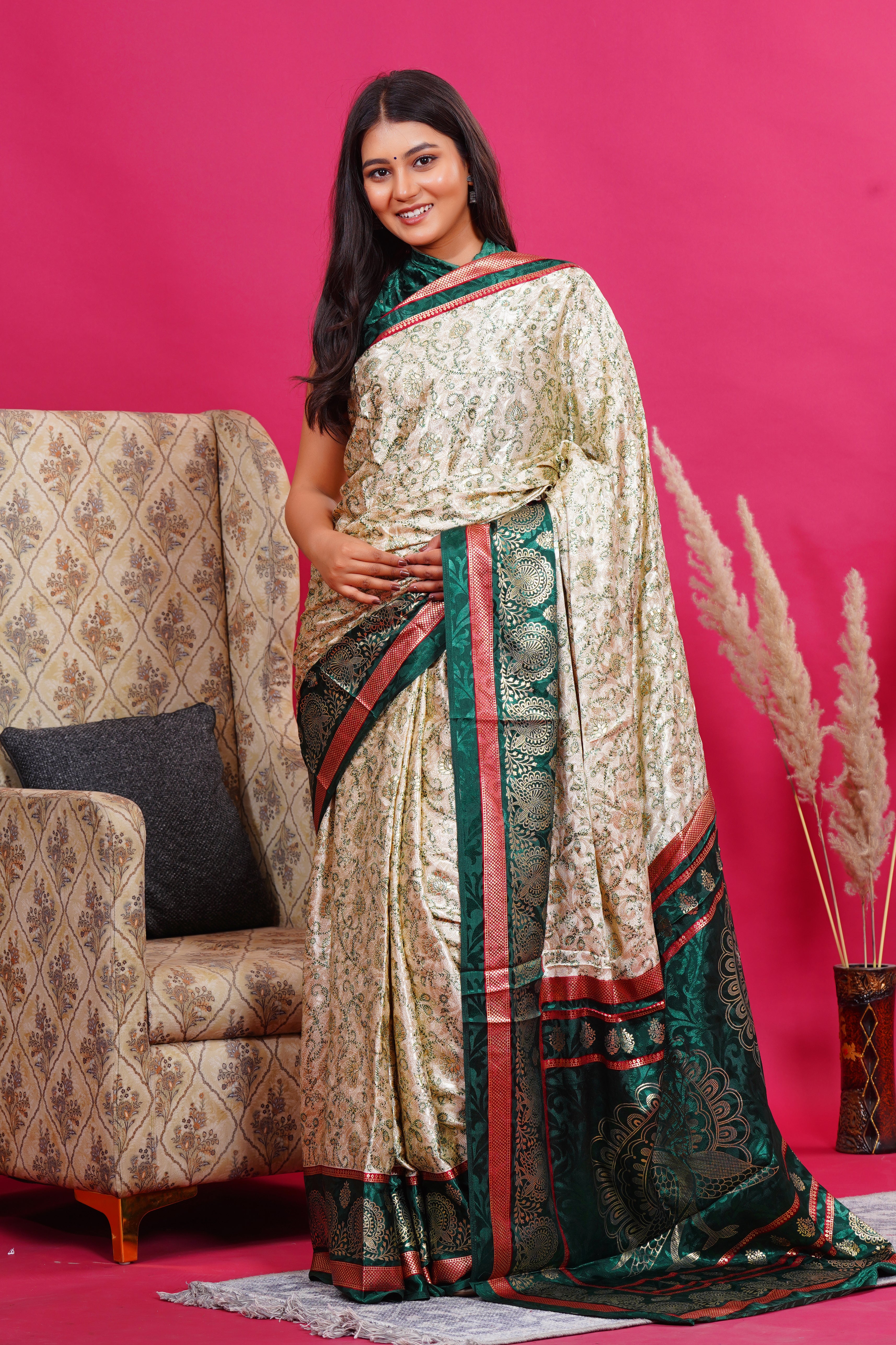 Dark Green Golden Flower Peacock Silk Saree