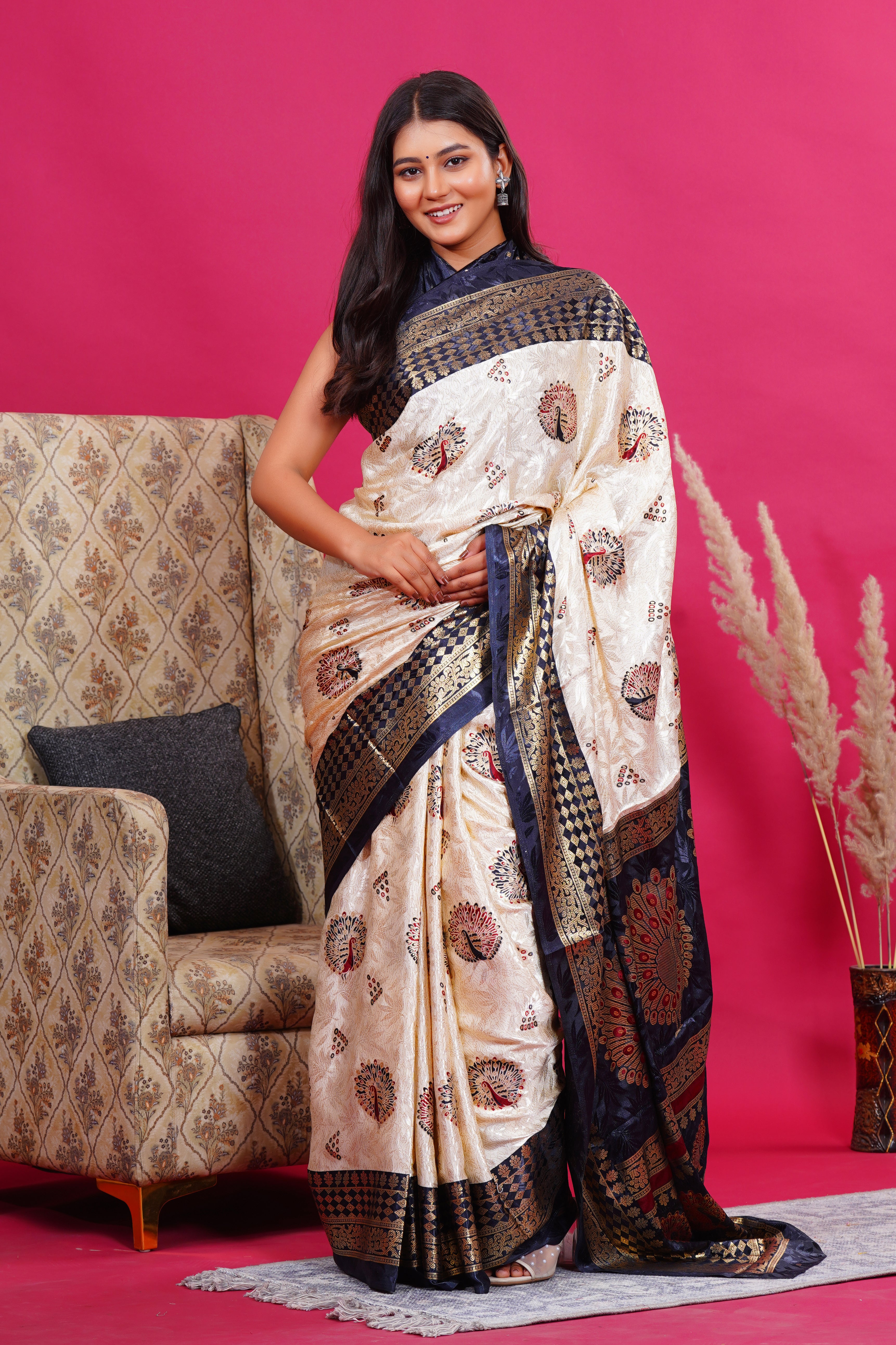 Black Golden Peacock Saree