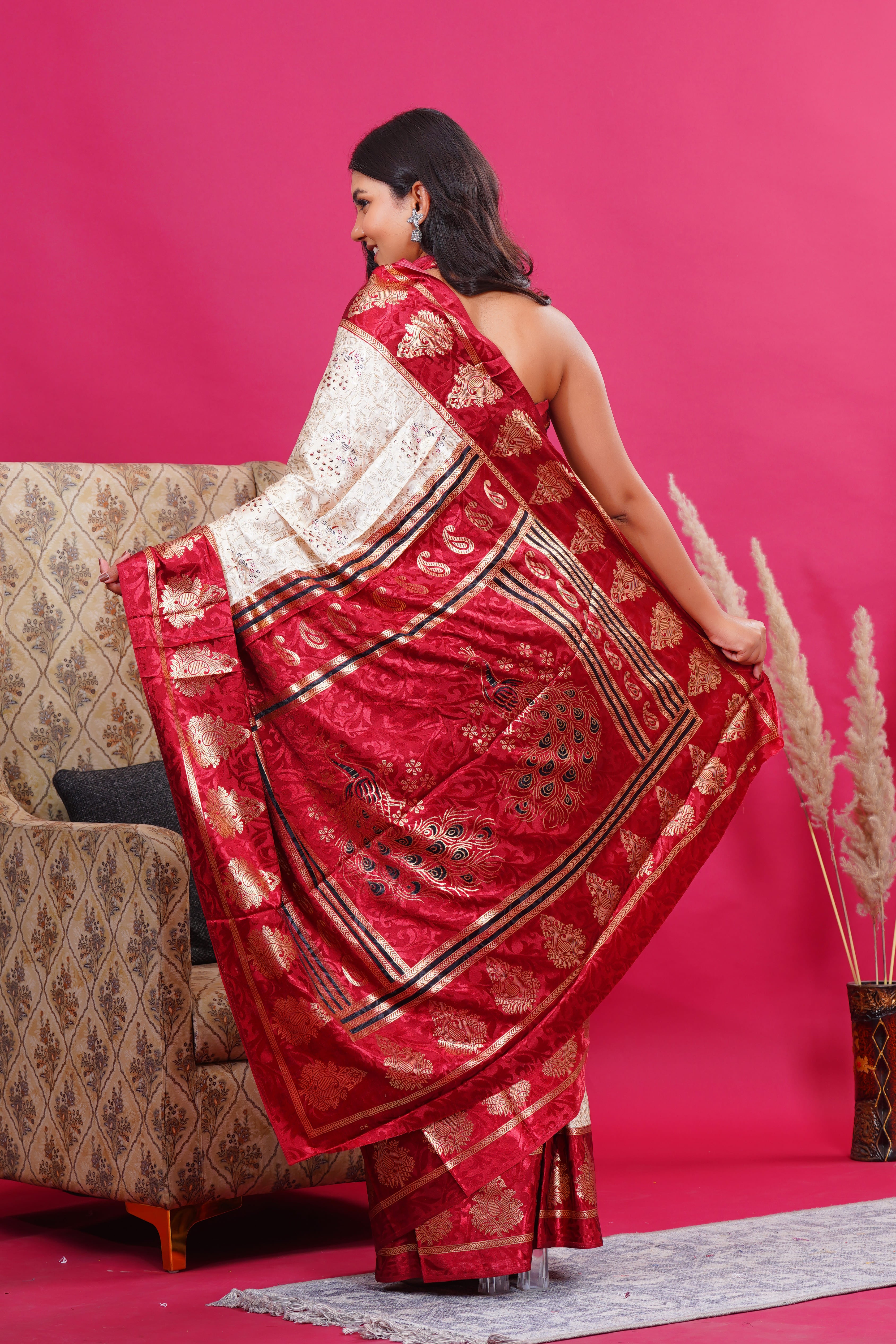 Maroon Golden Kalash Peacock Silk Saree
