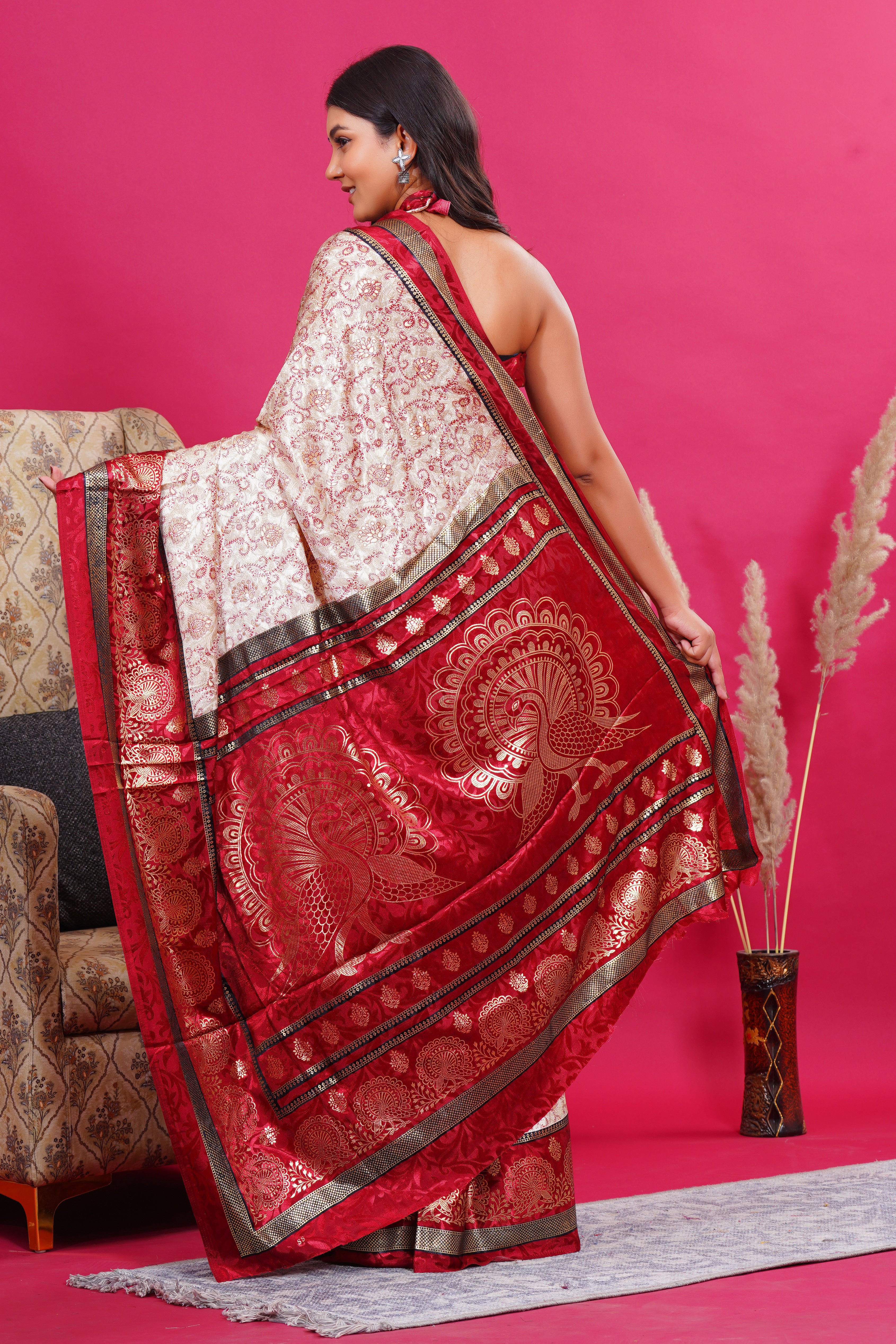 Maroon Golden Flower Peacock Silk Saree