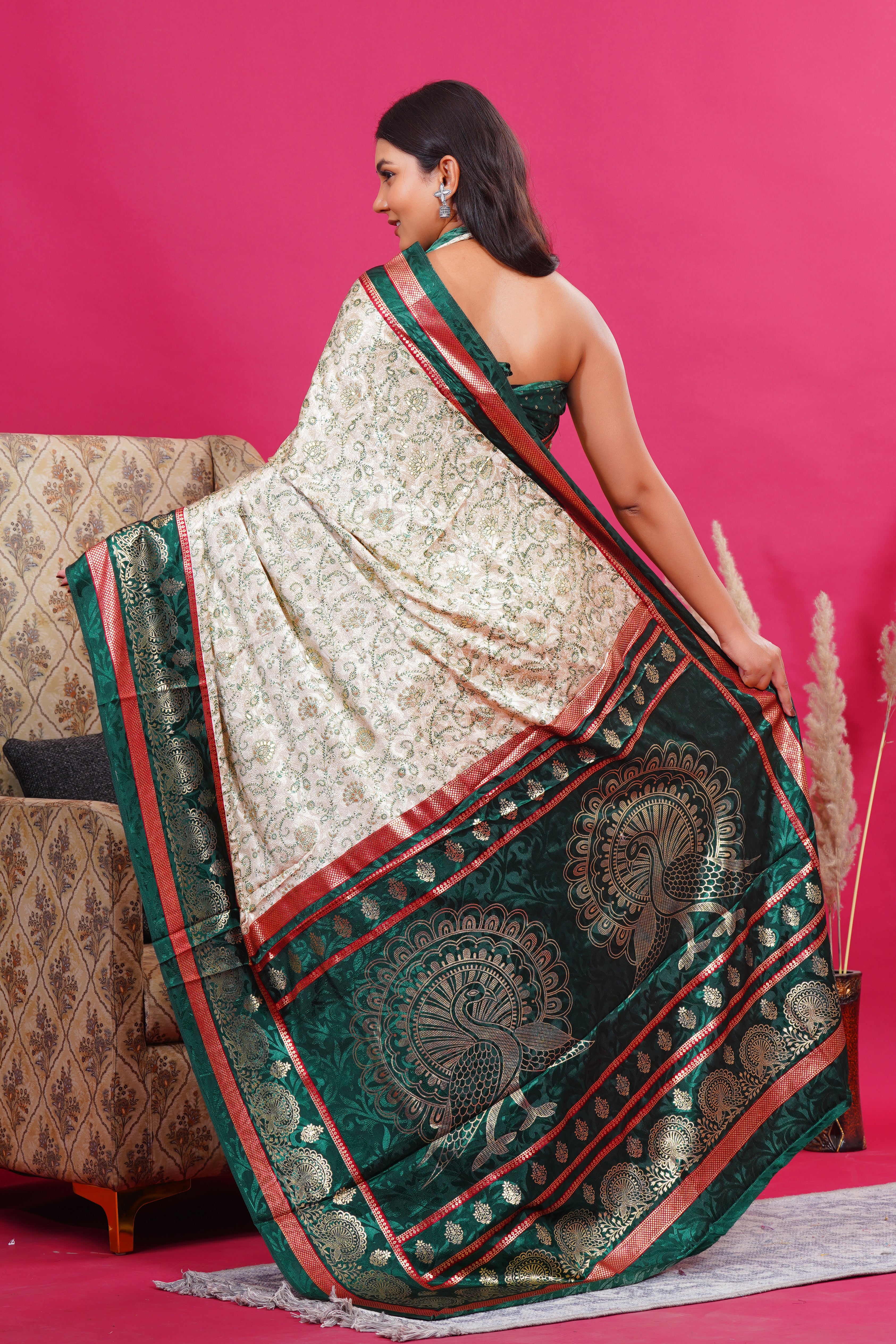 Dark Green Golden Flower Peacock Silk Saree