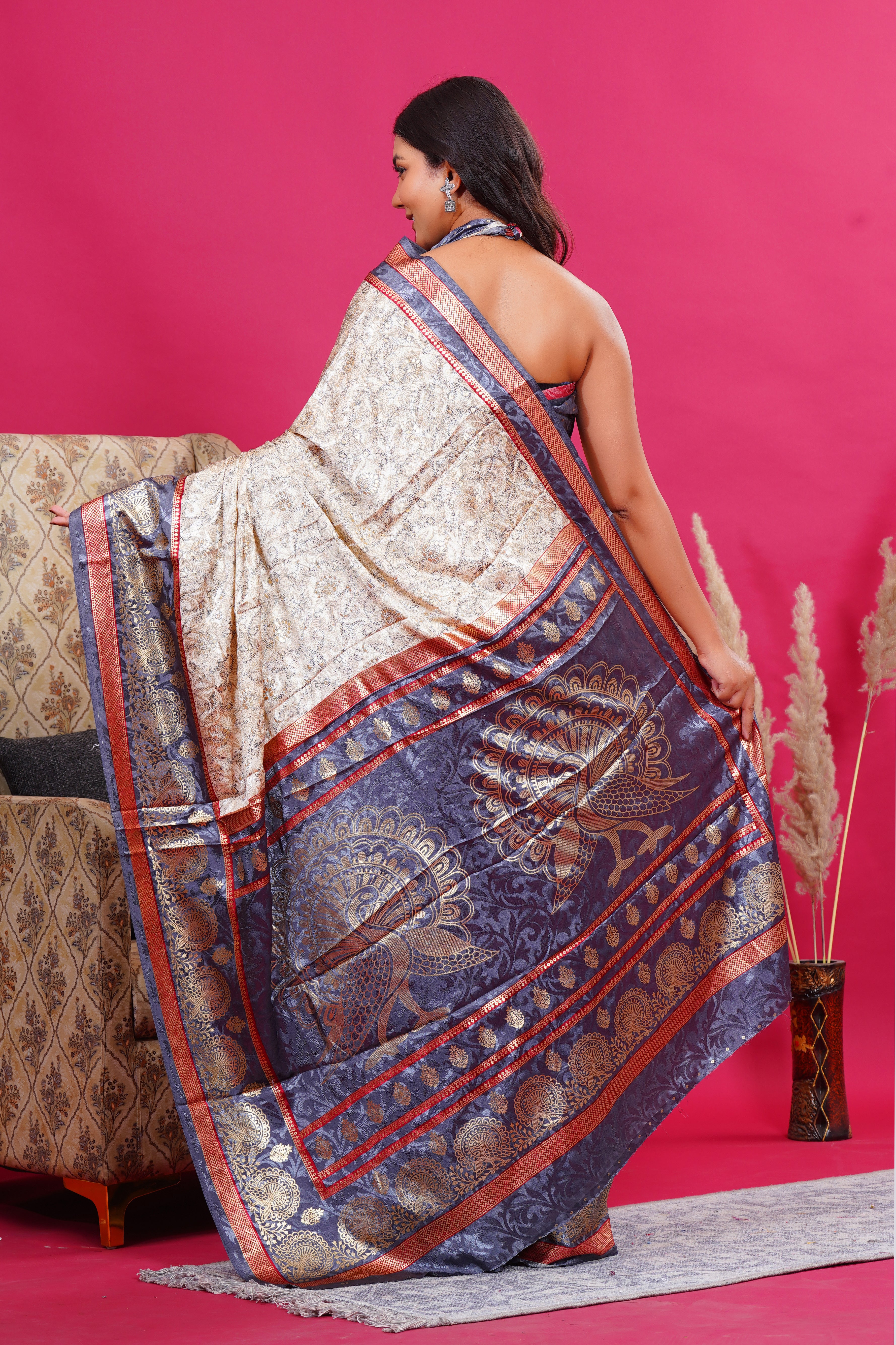 Grey Golden Flower Peacock Silk Saree