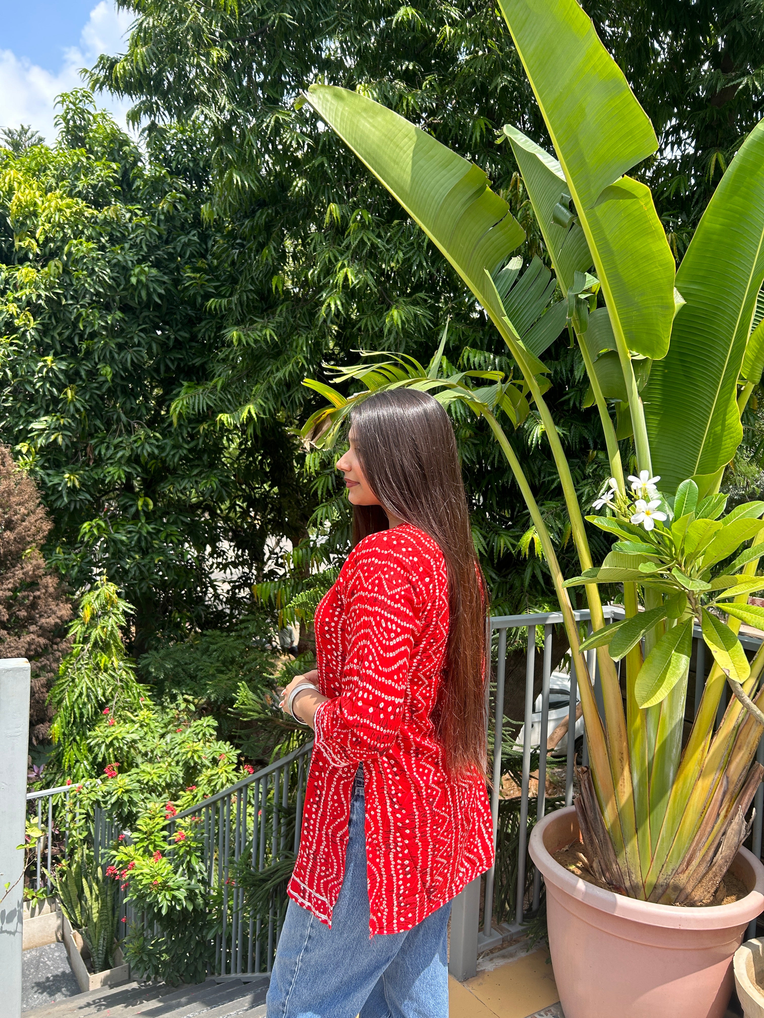 Red Bandhej Noorani Kurti