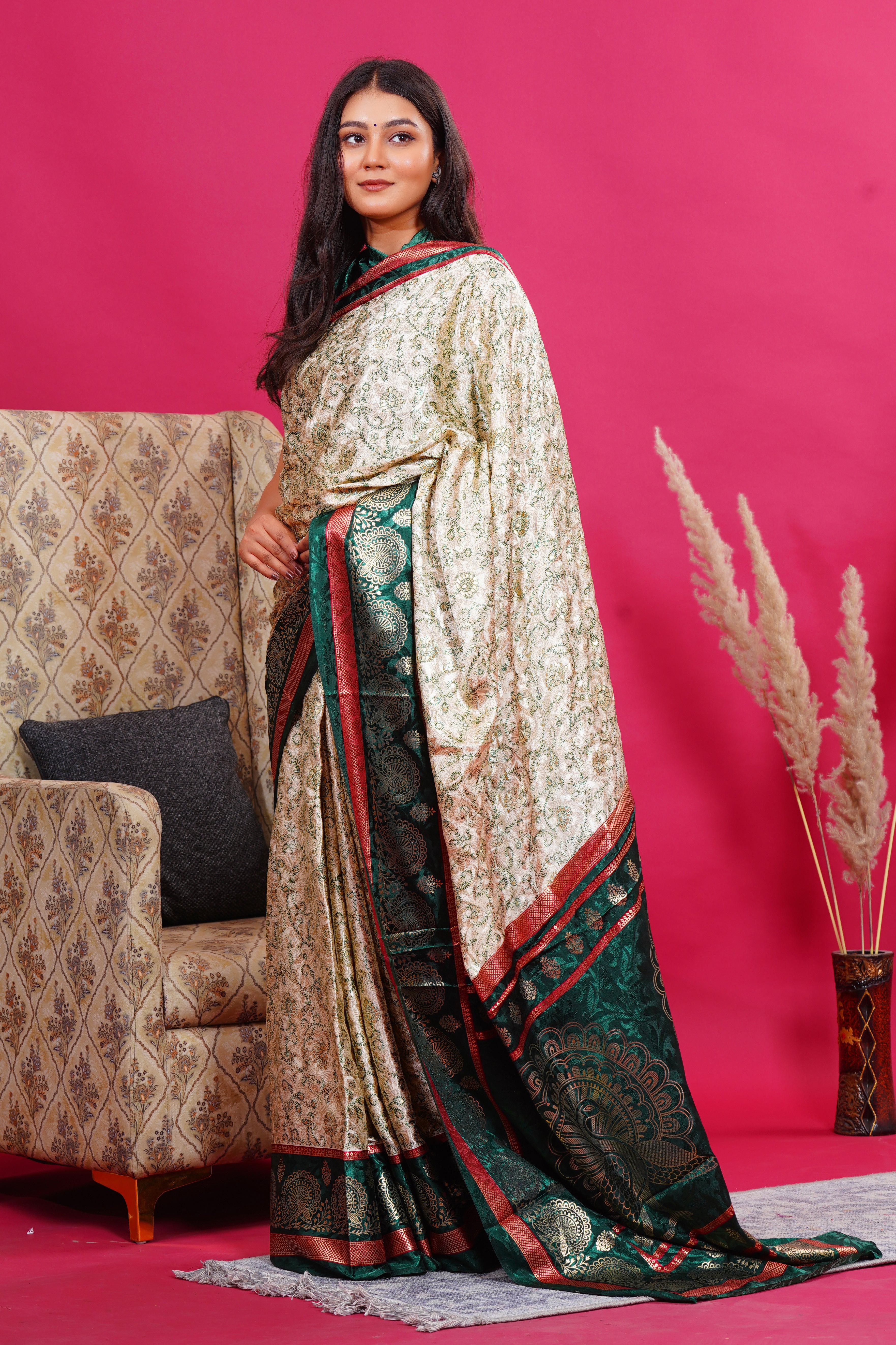 Dark Green Golden Flower Peacock Silk Saree