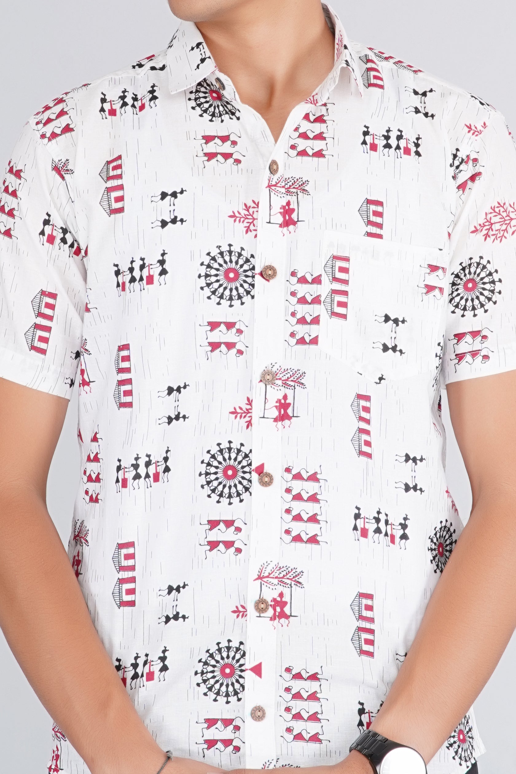 White Warli Art Half Sleeves Shirt
