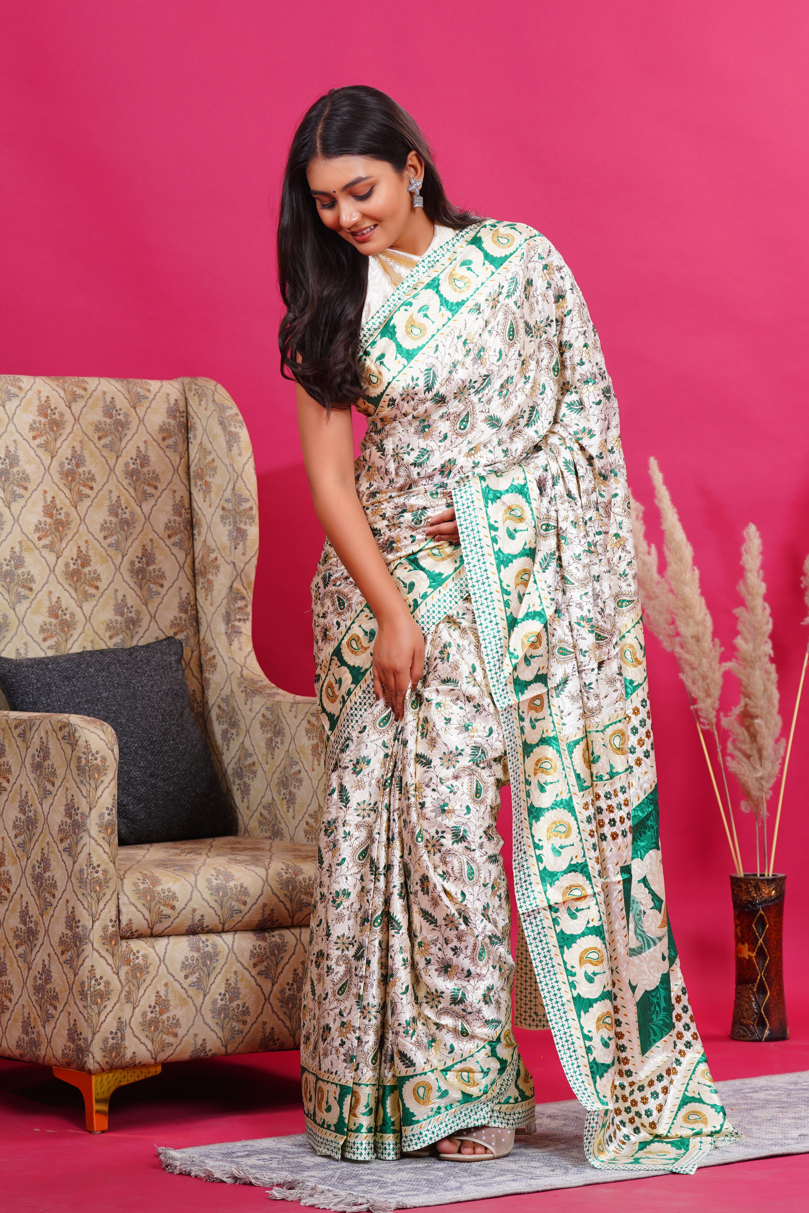 Green Golden Floral Peacock Silk Saree
