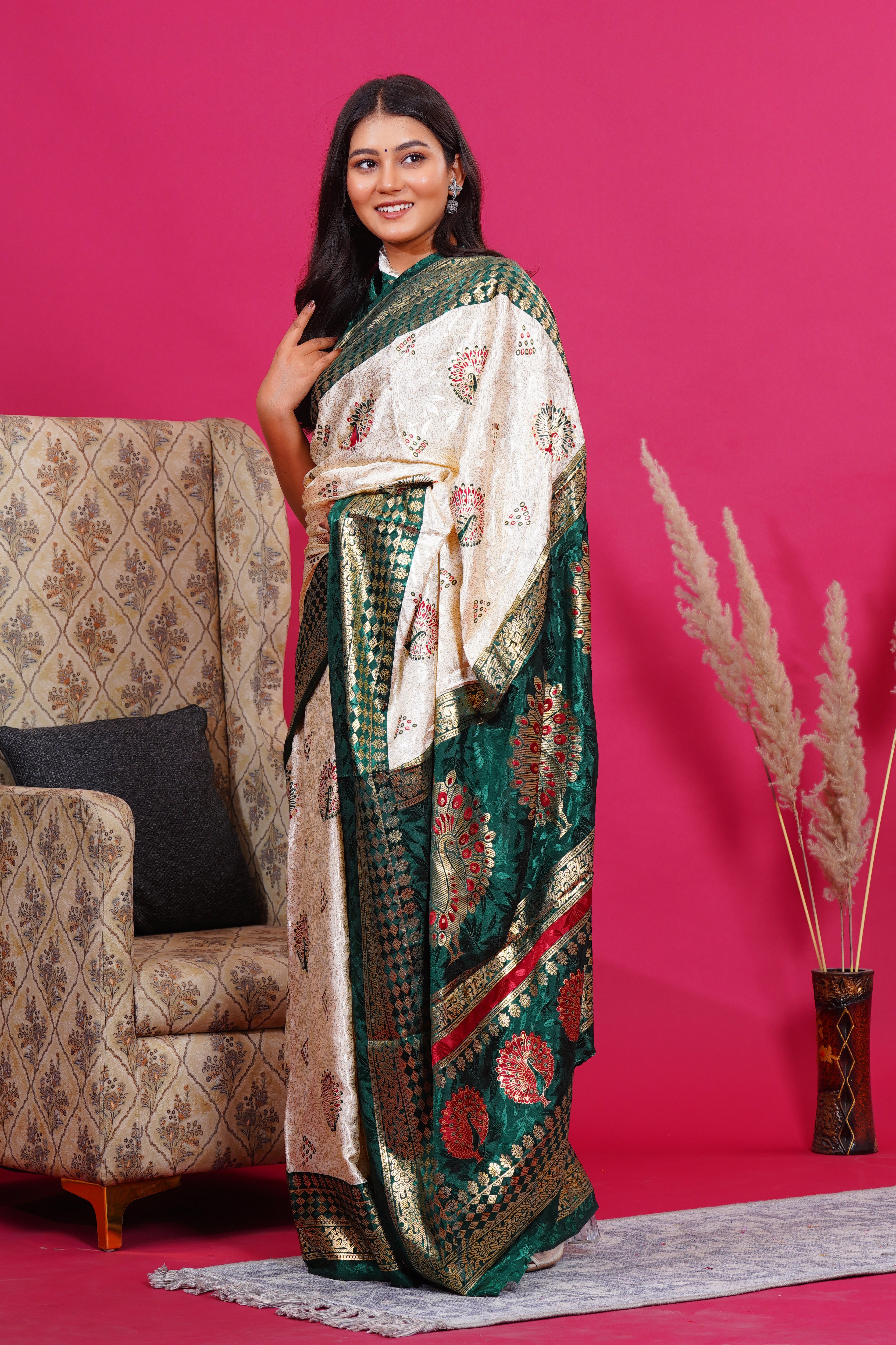 Dark Green Golden Peacock Silk Saree