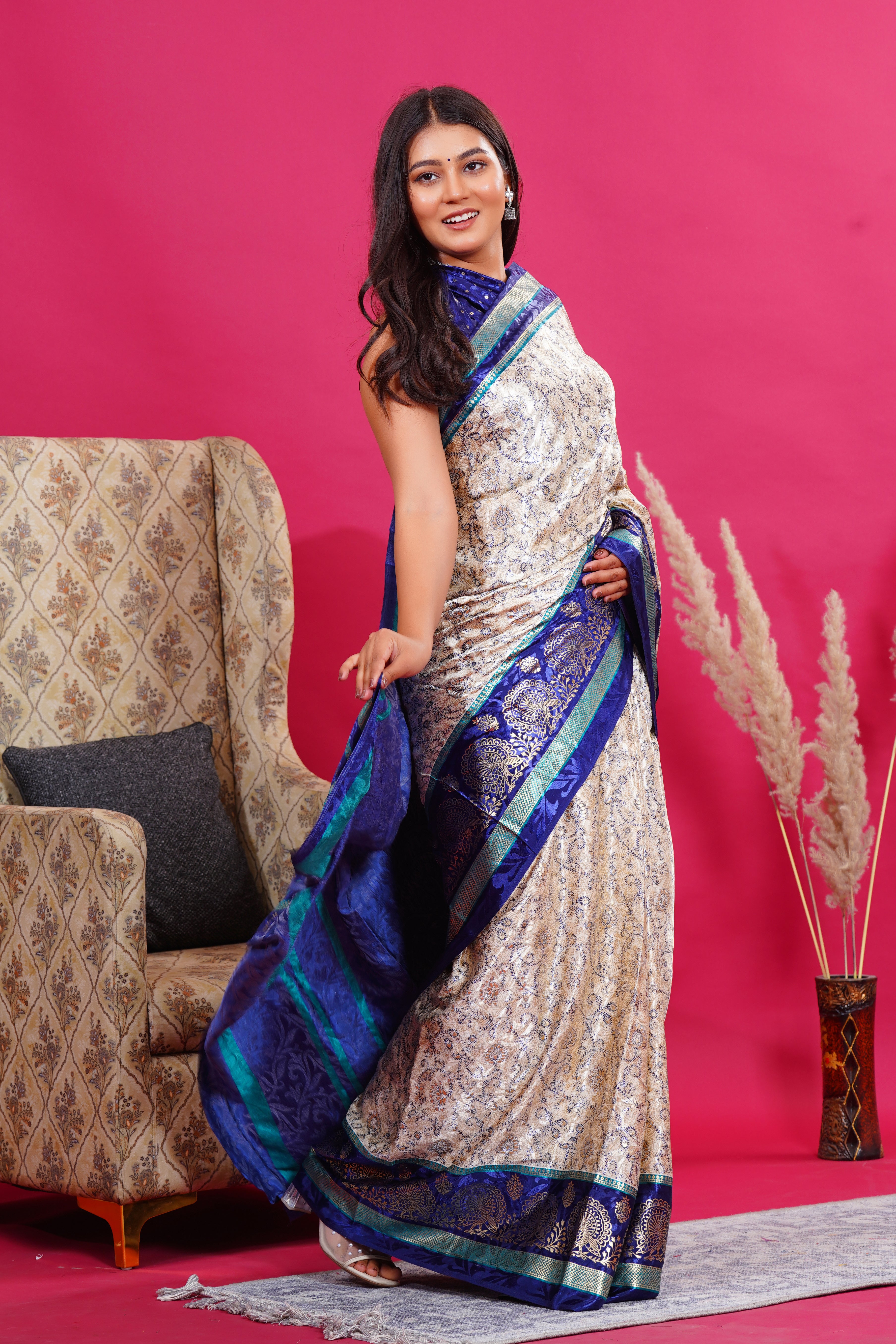 Blue Golden Flower Peacock Silk Saree