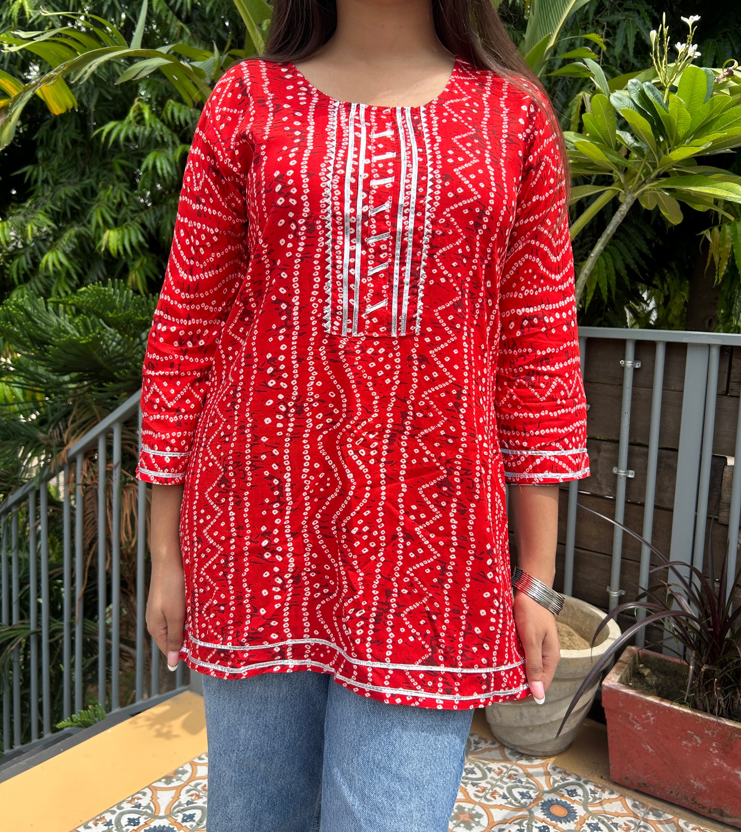 Red Bandhej Noorani Kurti