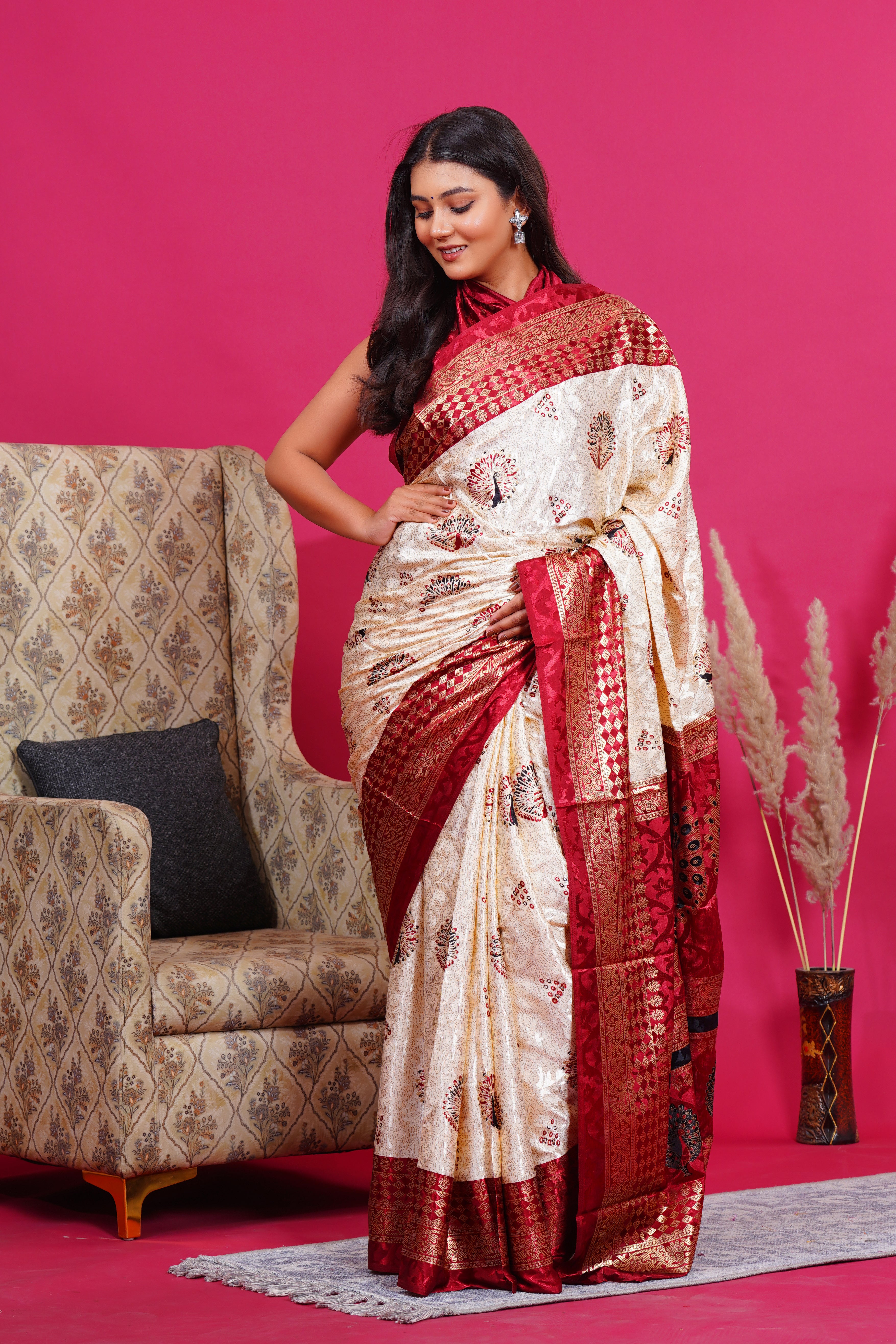 Maroon Golden Peacock Silk Saree