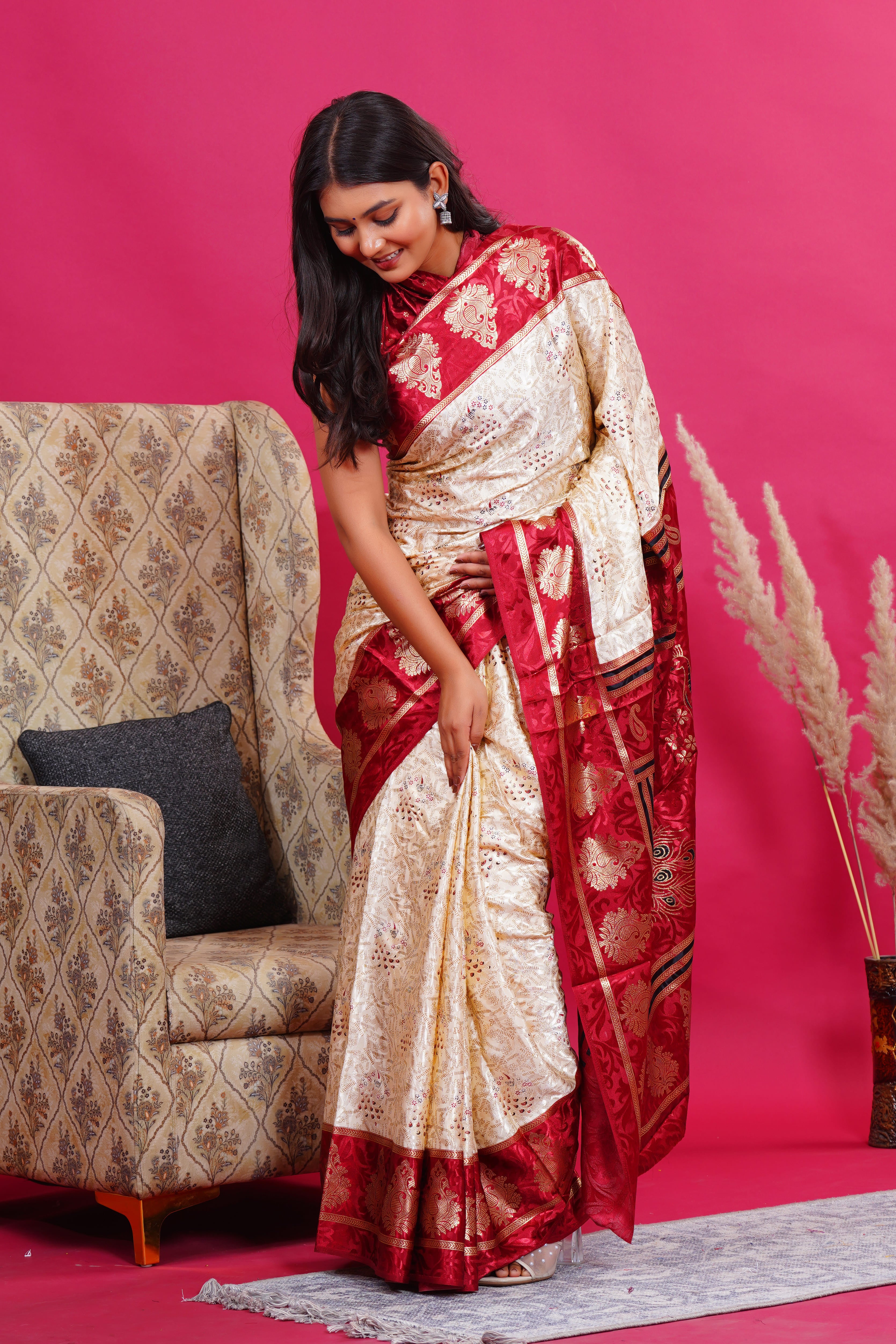 Maroon Golden Kalash Peacock Silk Saree