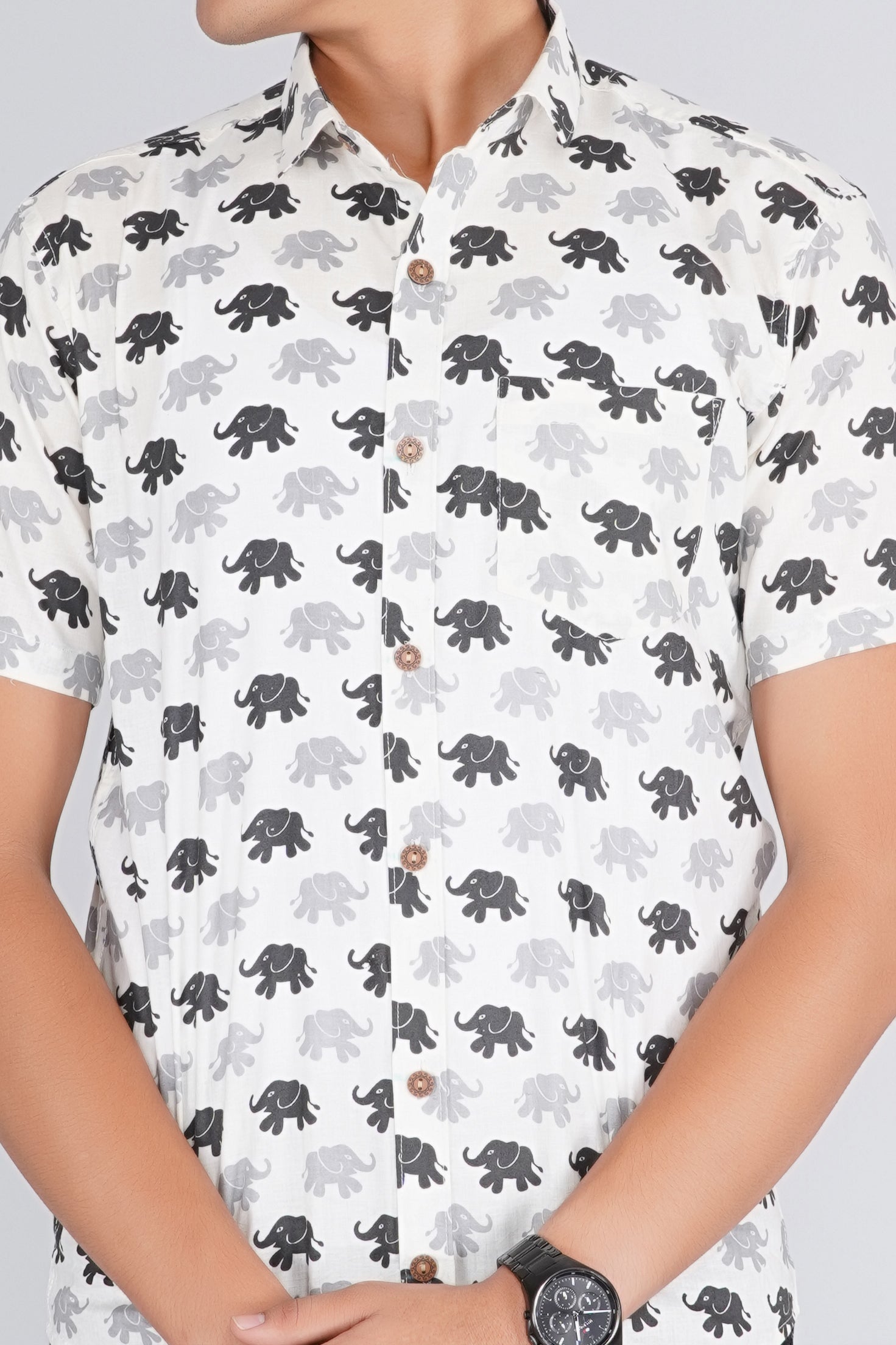 White-Black  Elephant Half Sleeve Shirt