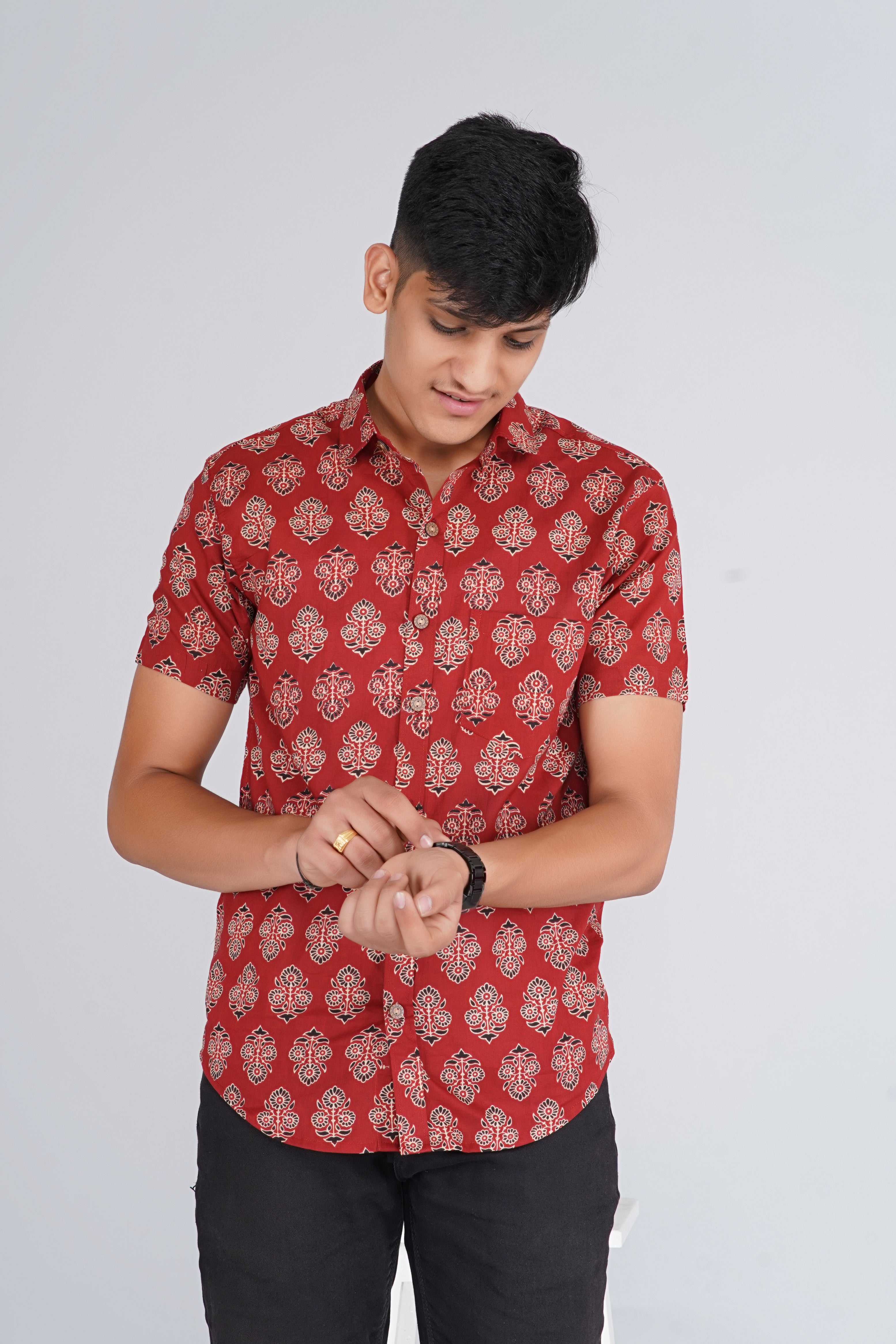 Maroon Ajrakh Butta Half Sleeves Shirt