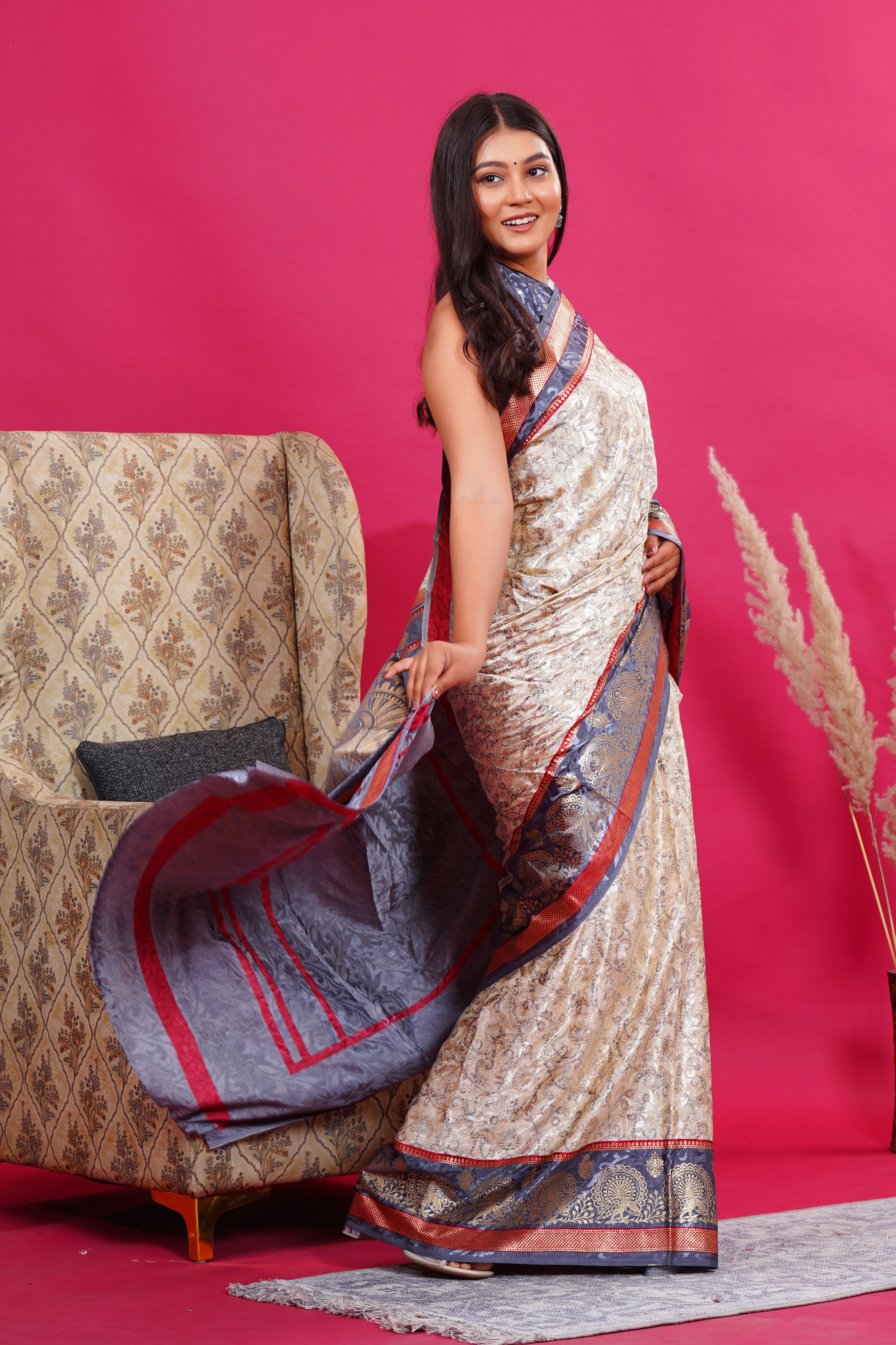 Grey Golden Flower Peacock Silk Saree