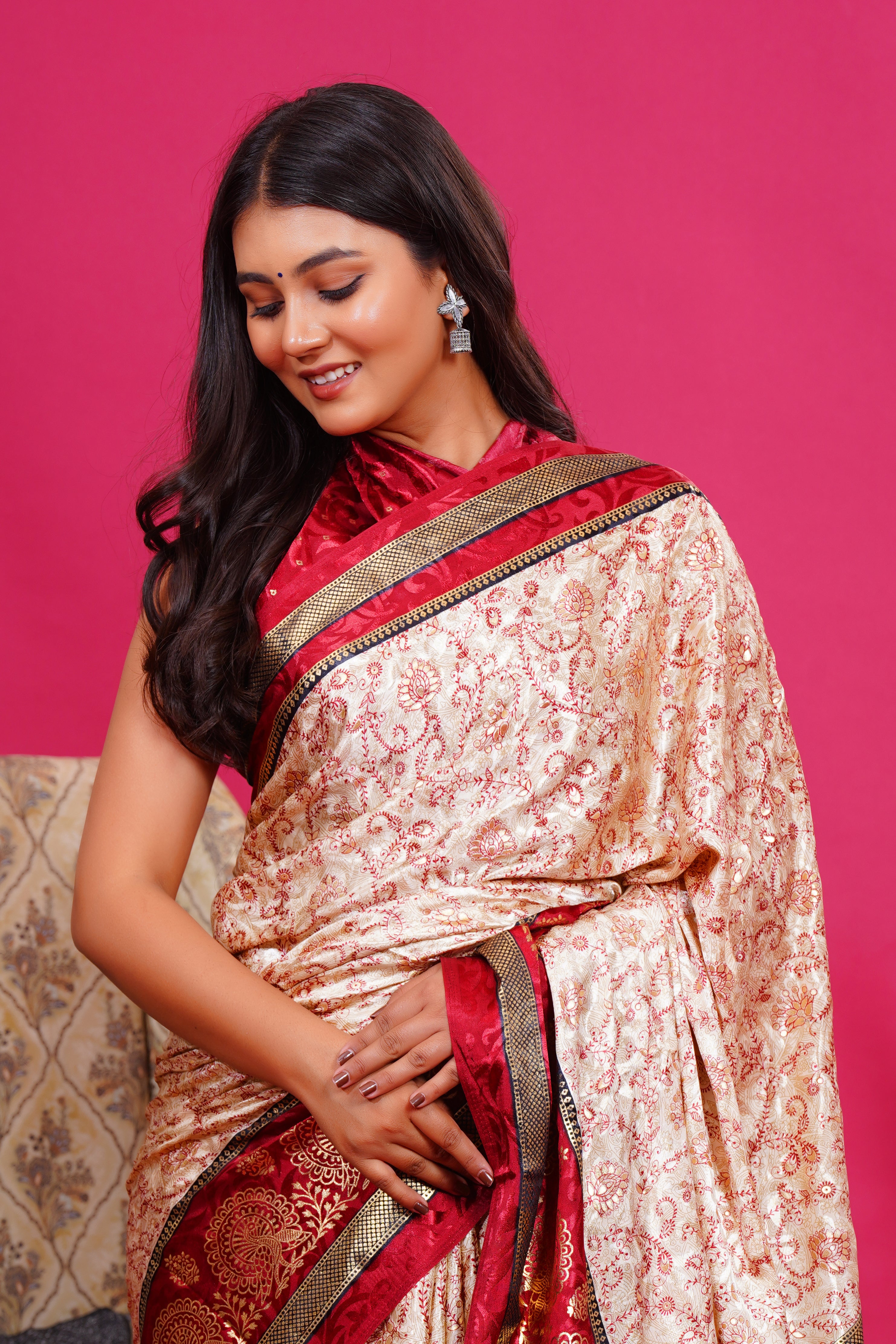 Maroon Golden Flower Peacock Silk Saree