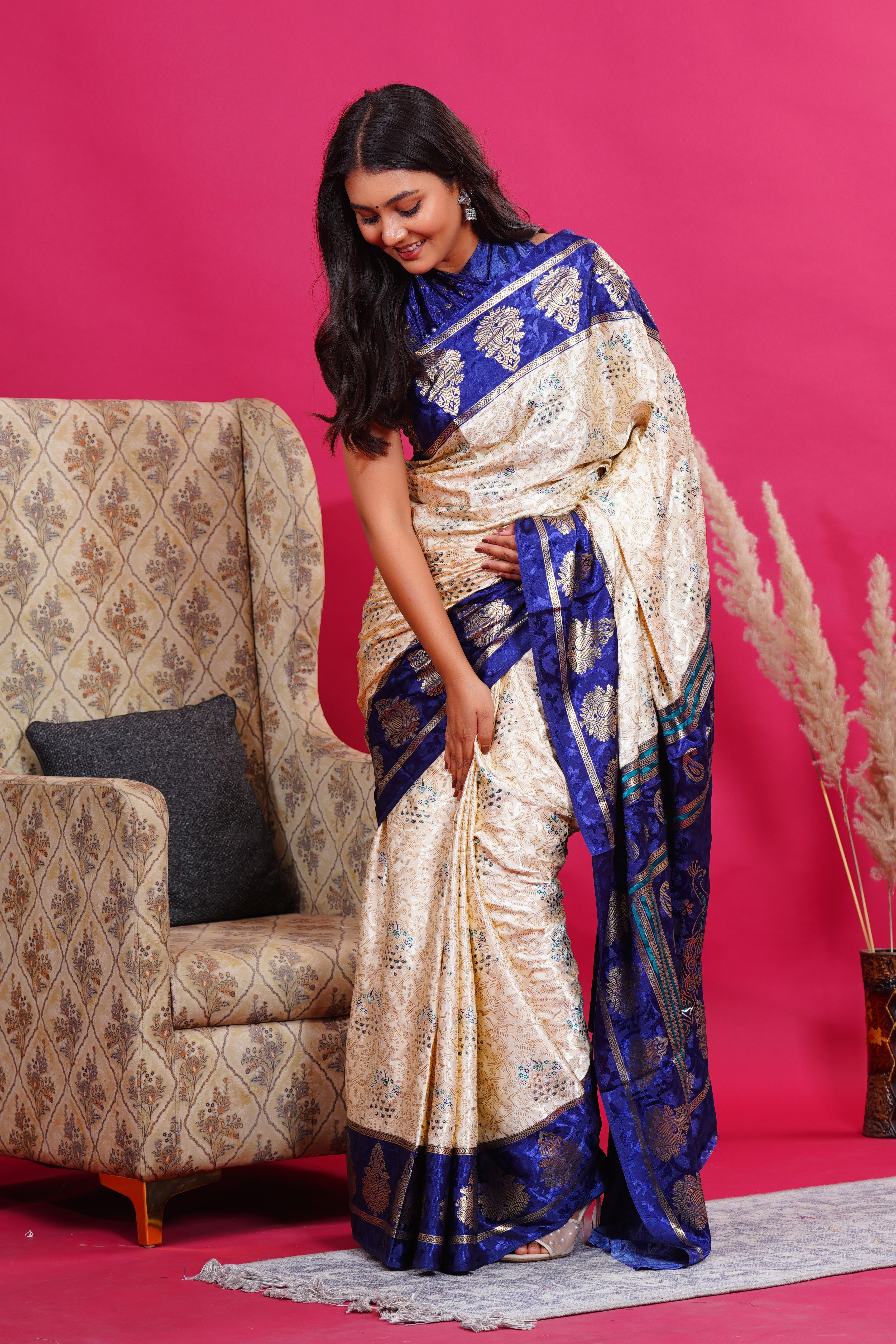 Blue Golden Kalash Peacock Silk Saree