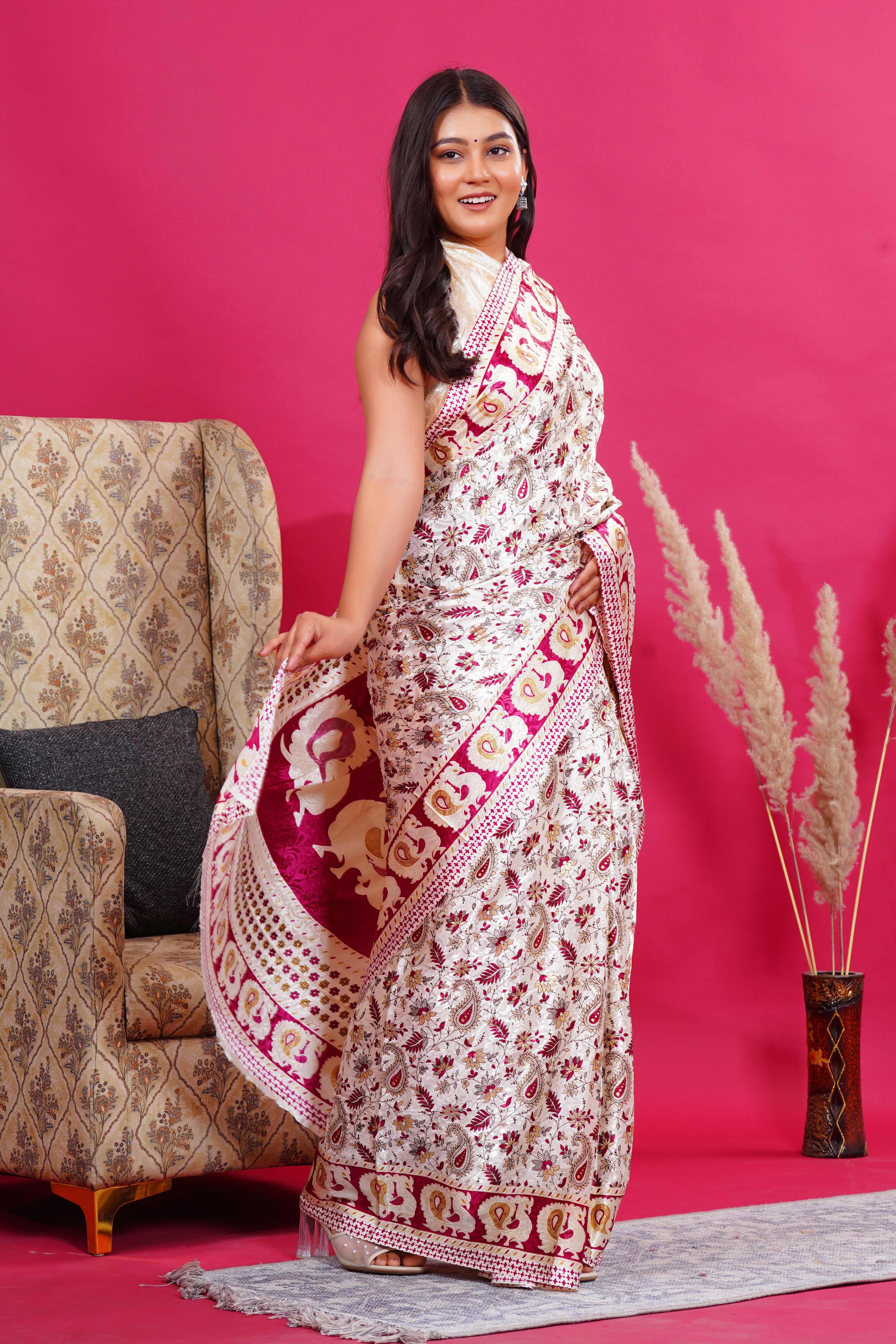Pink Golden Floral Peacock Silk Saree