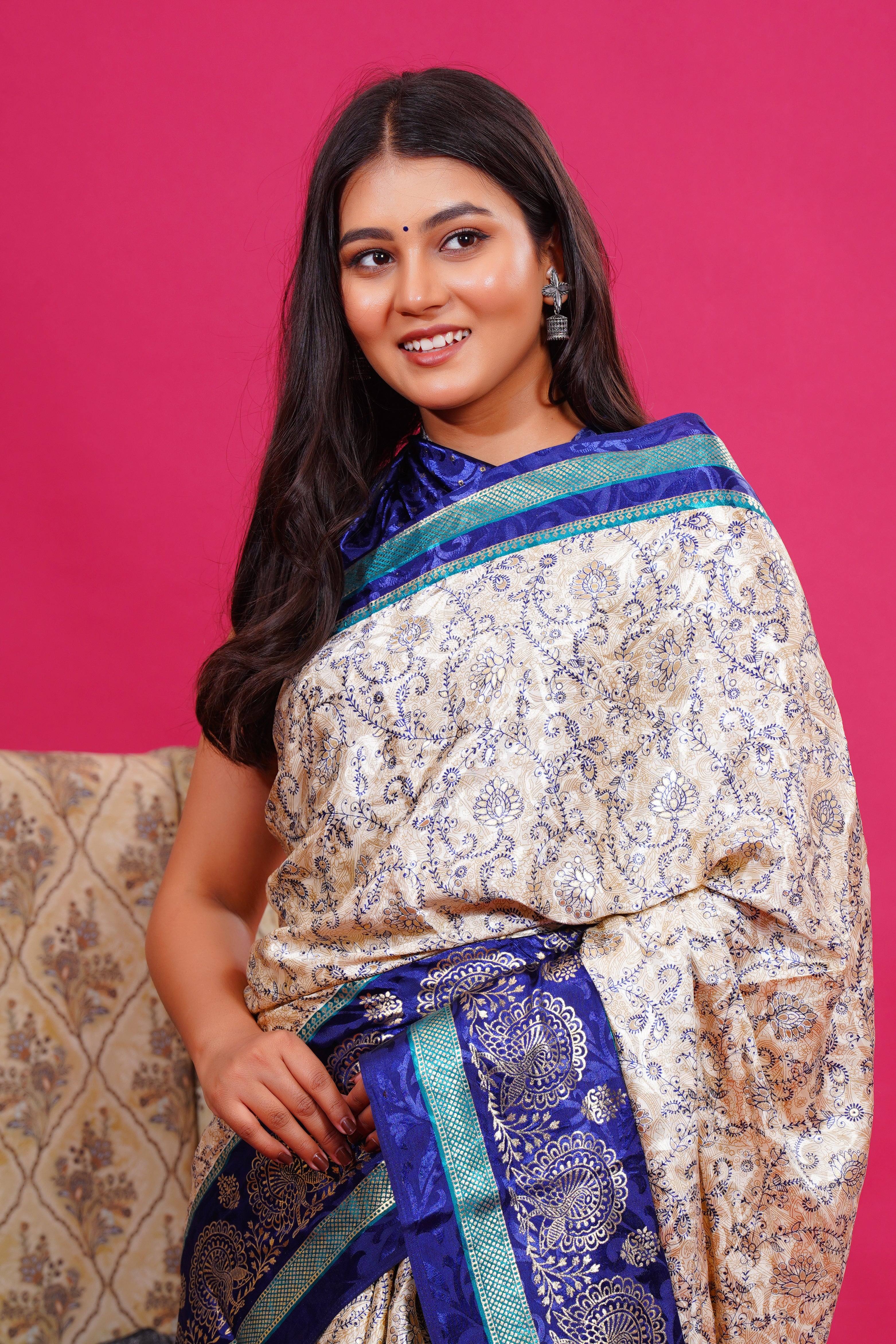 Blue Golden Flower Peacock Silk Saree
