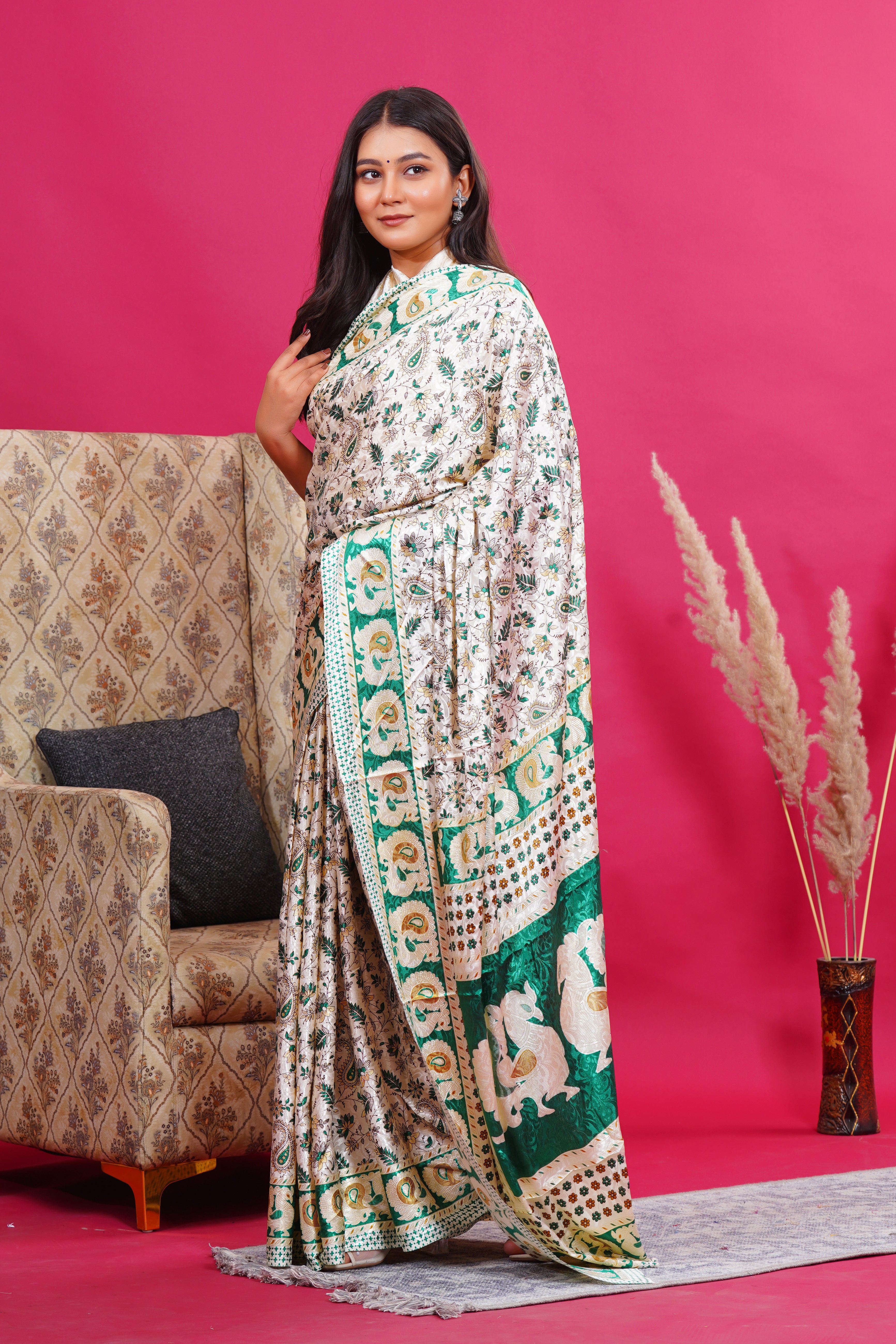 Green Golden Floral Peacock Silk Saree