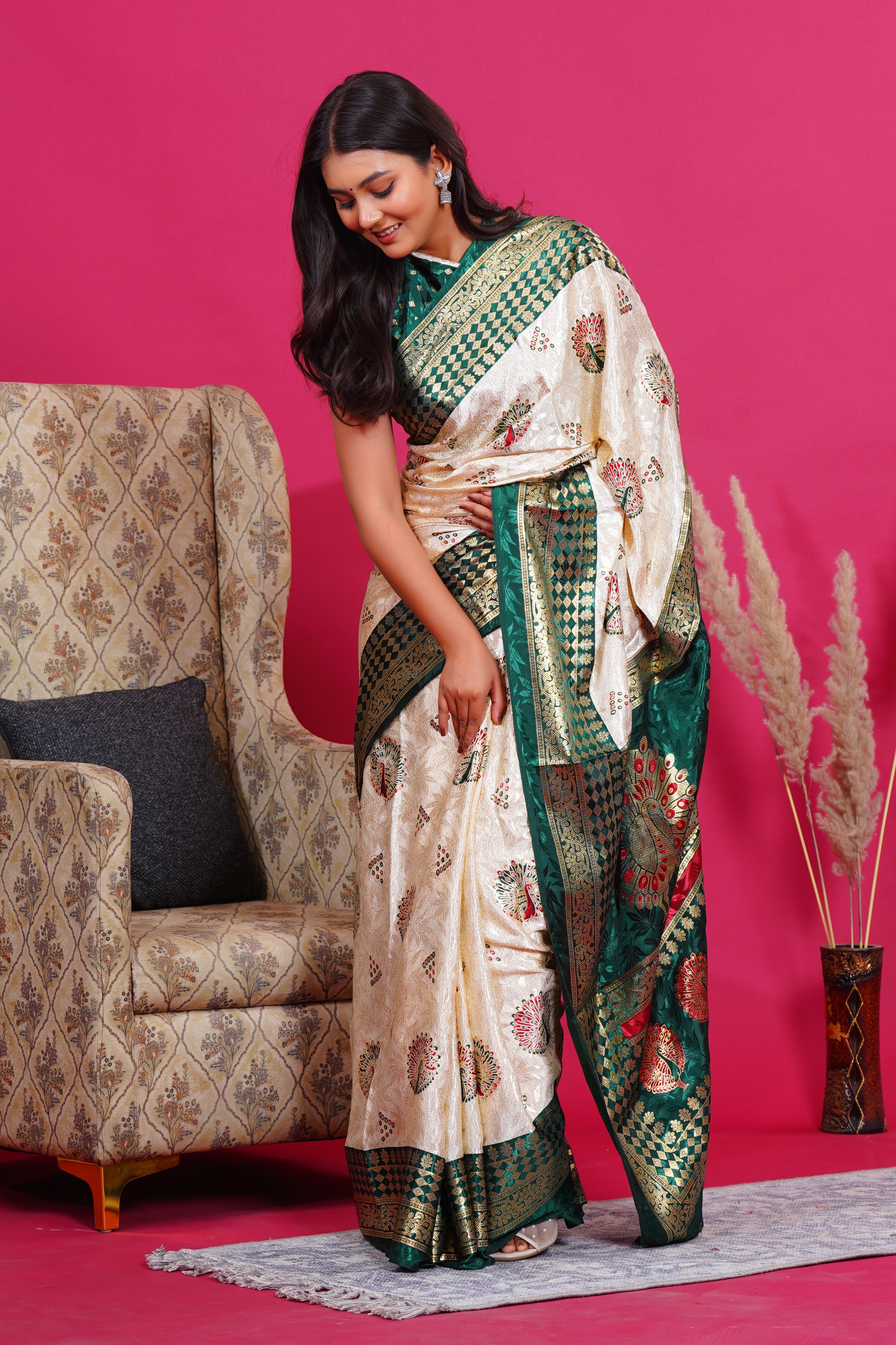 Dark Green Golden Peacock Silk Saree