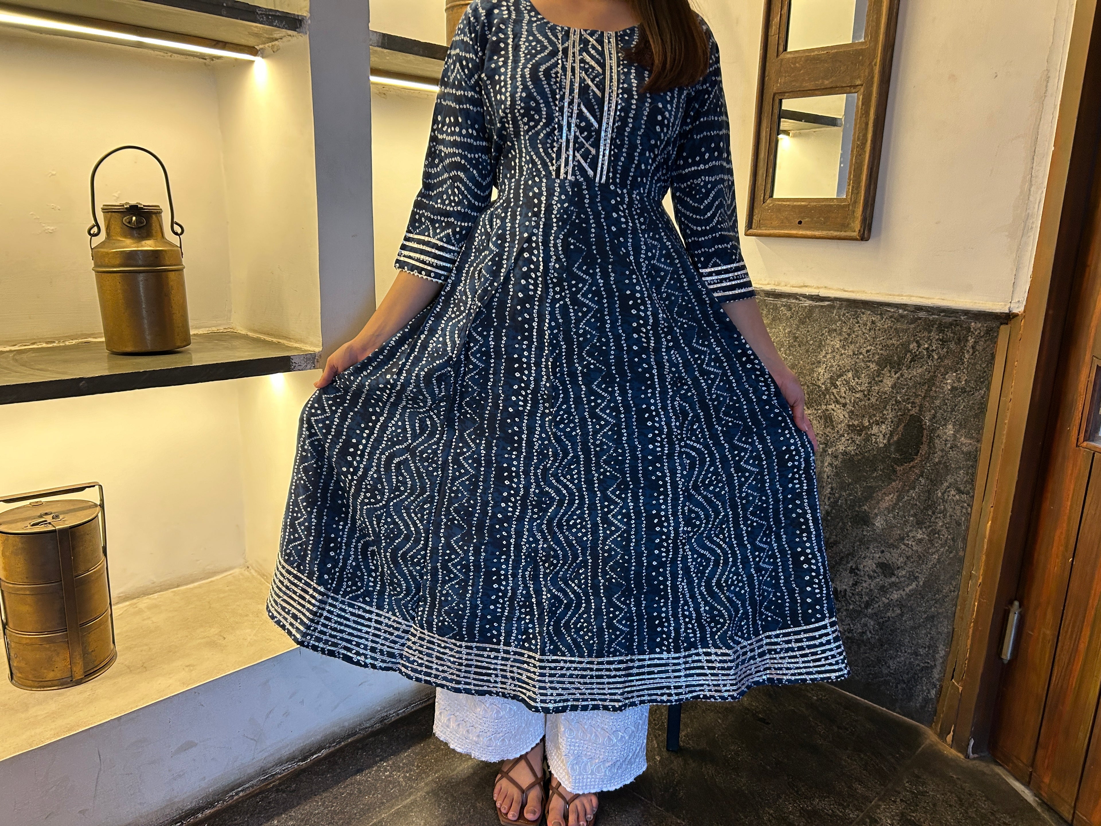 Blue Bandhej Meher Anarkali Kurti