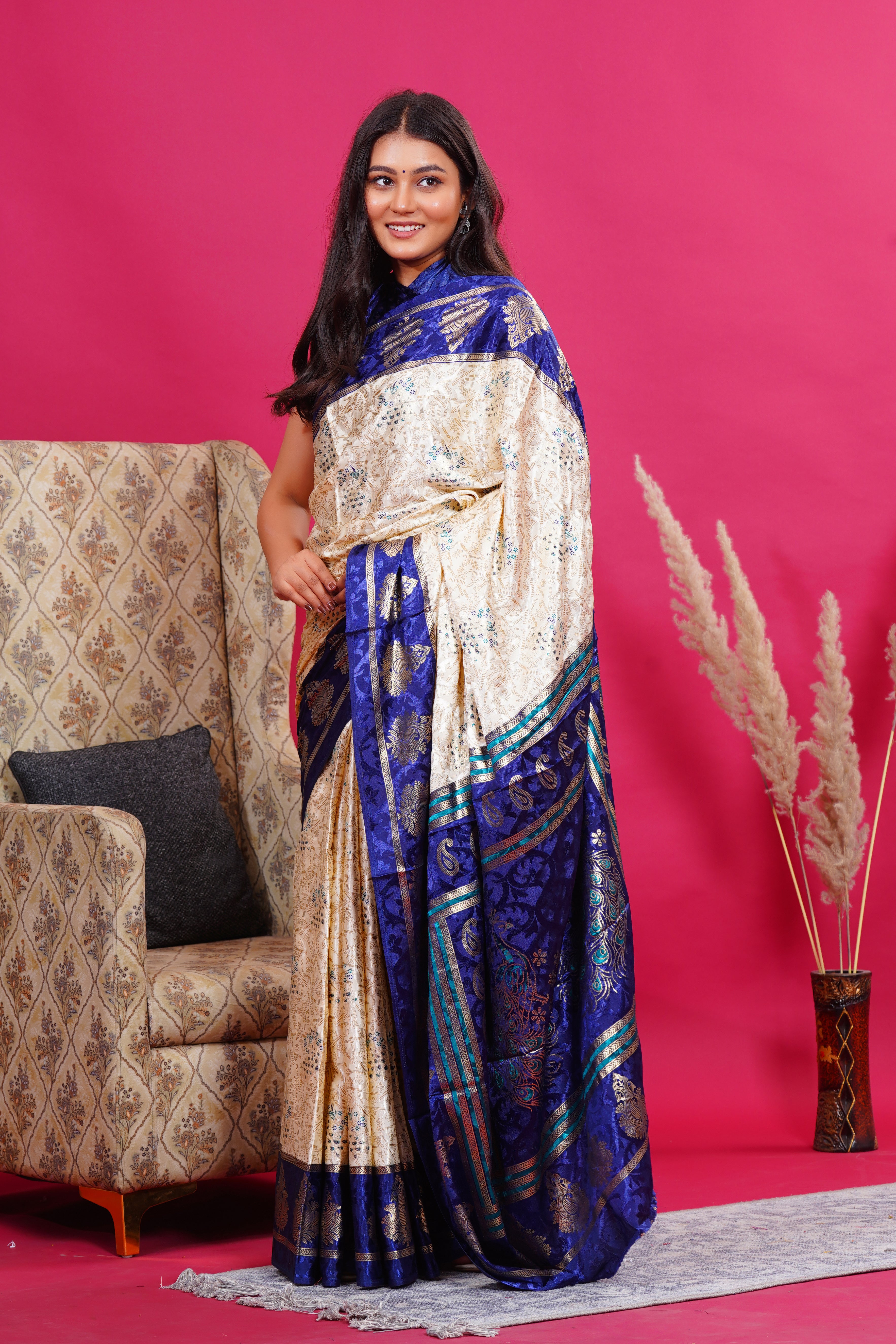 Blue Golden Kalash Peacock Silk Saree