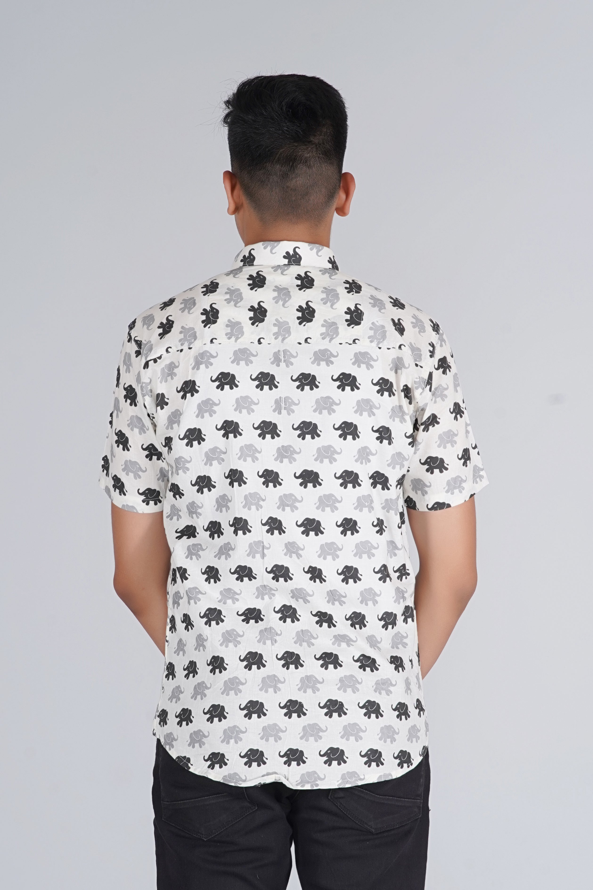 White-Black  Elephant Half Sleeve Shirt