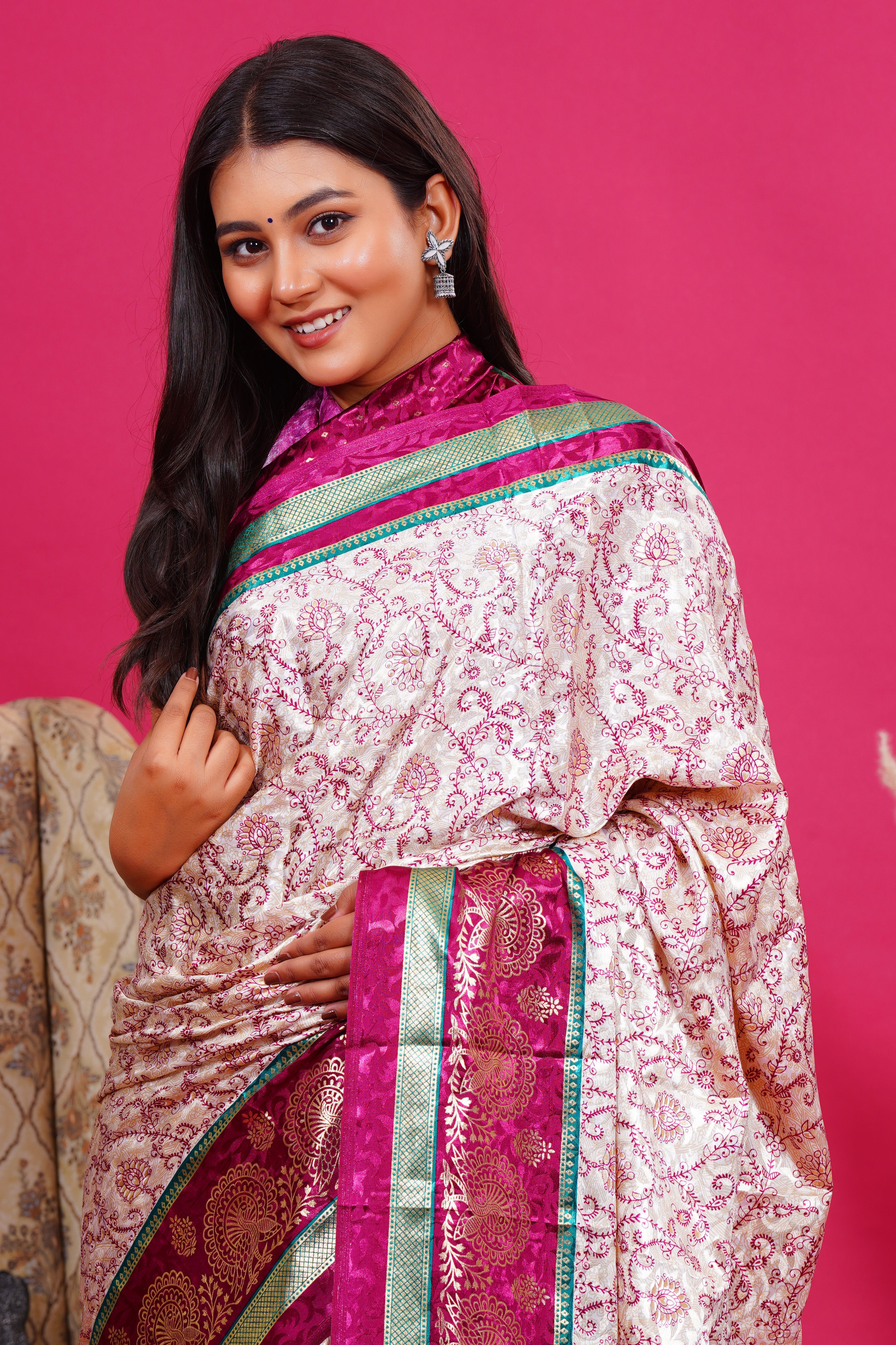 Purple Golden Flower Peacock Silk Saree