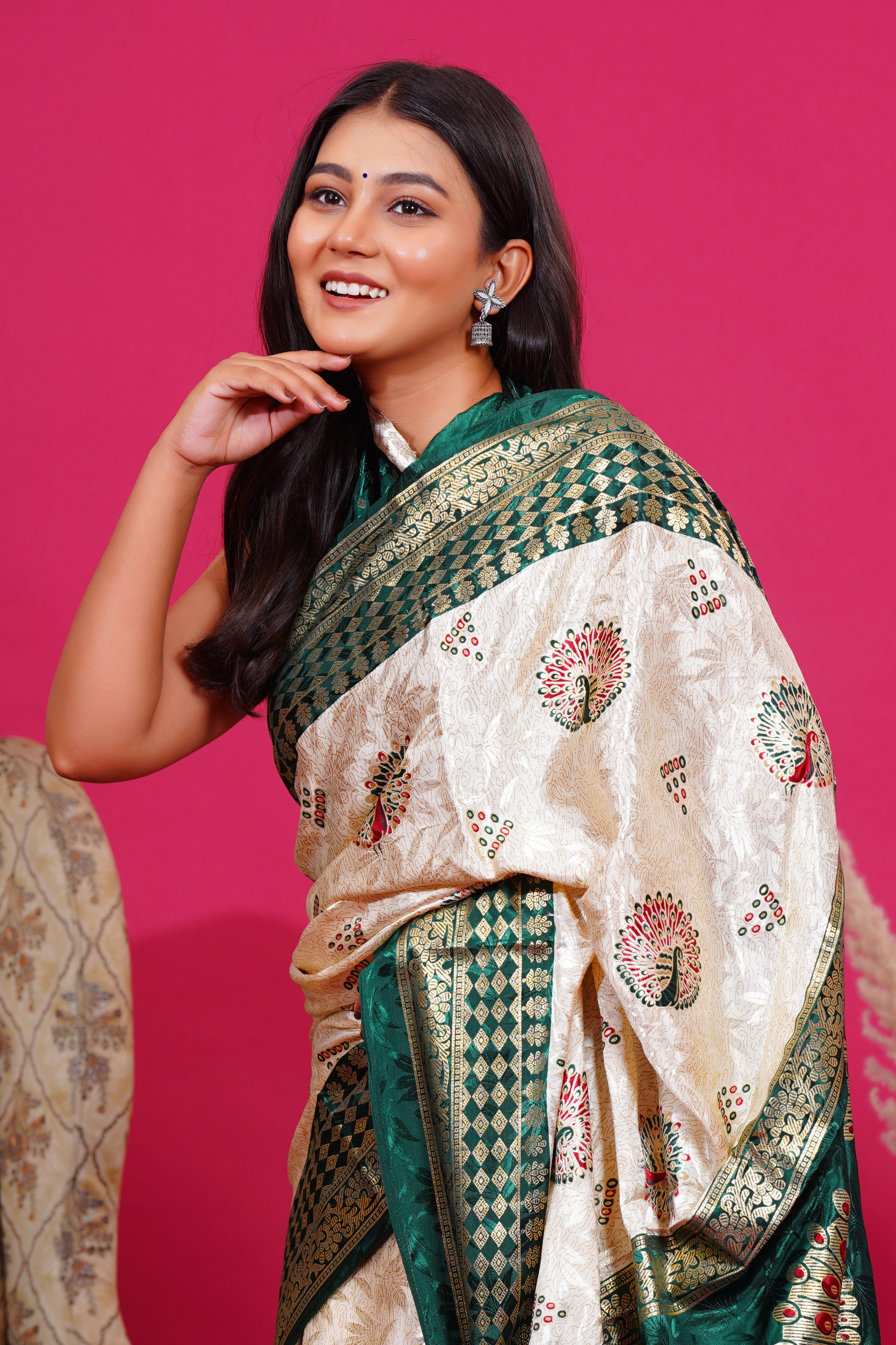 Dark Green Golden Peacock Silk Saree