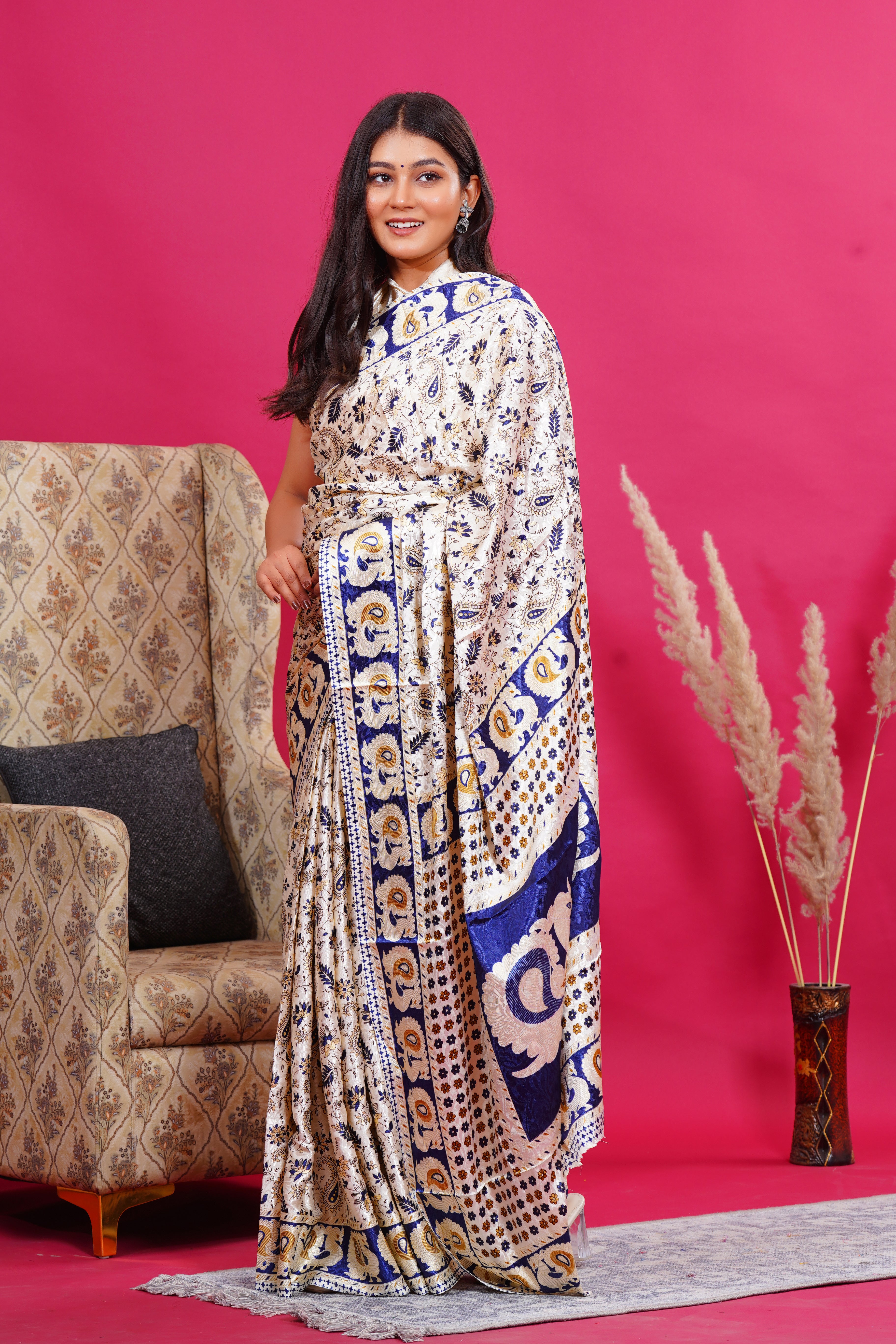 Blue Golden Floral Peacock Silk Saree