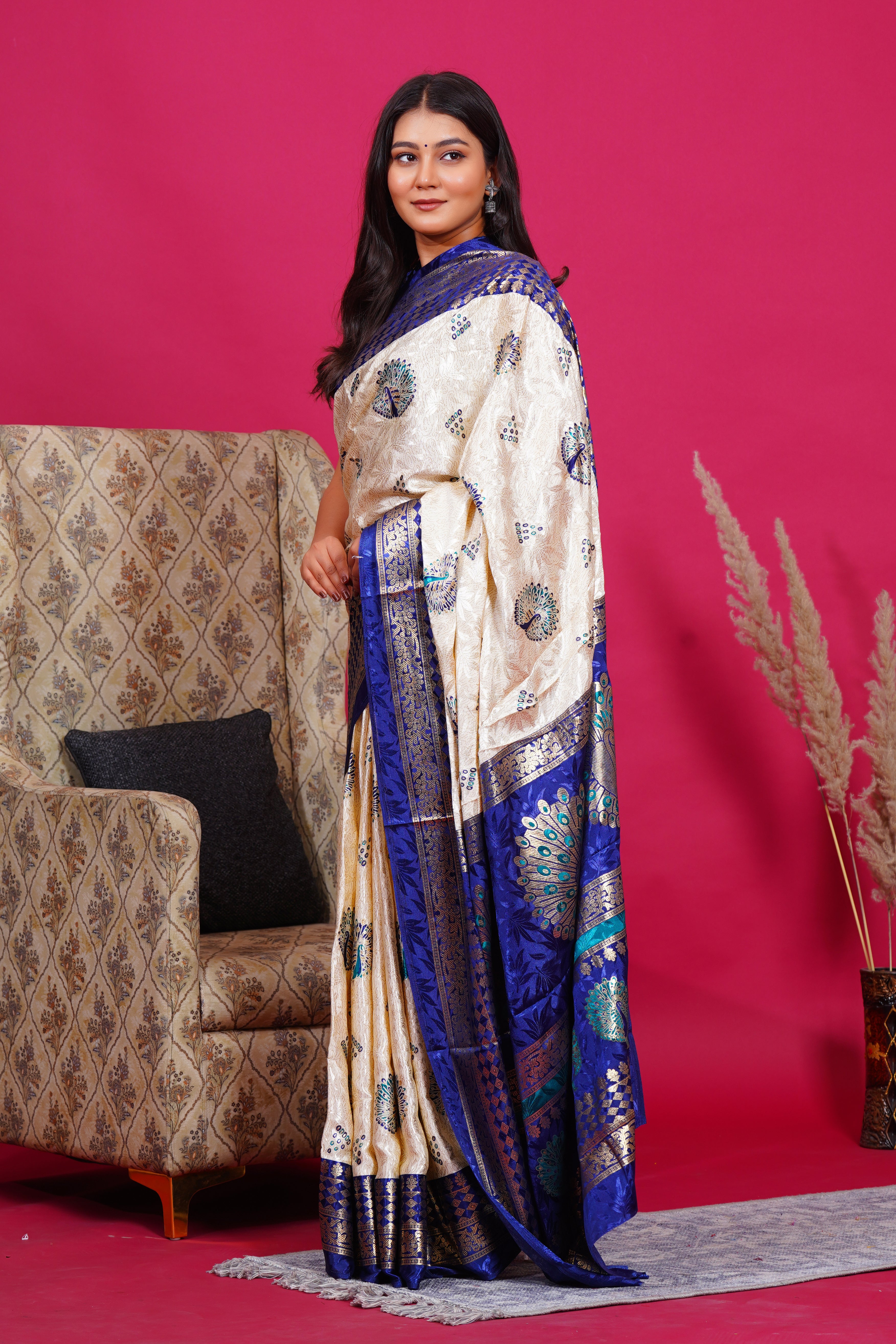 Blue Golden Peacock Silk Saree