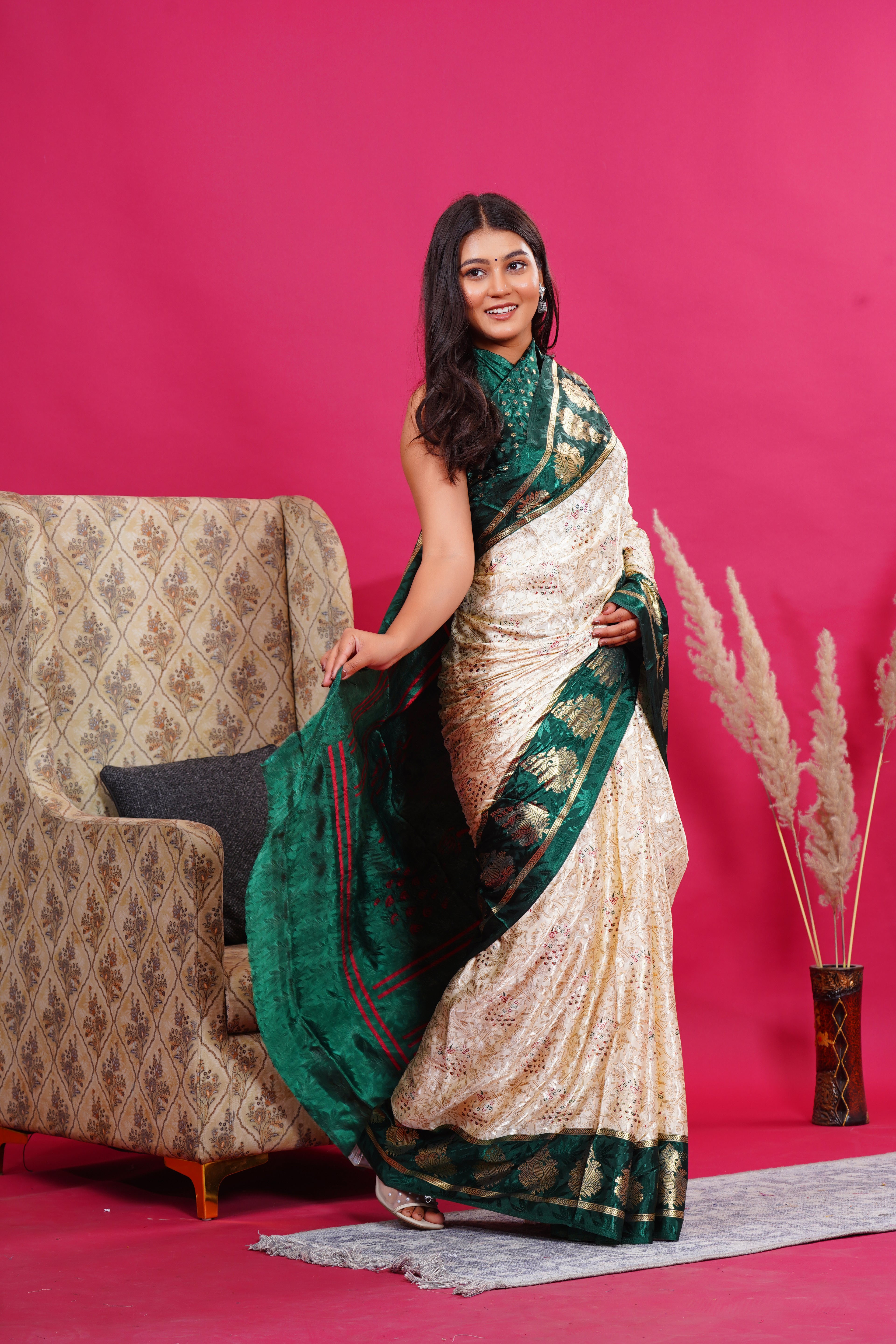 Dark Green Golden Kalash Peacock Silk Saree