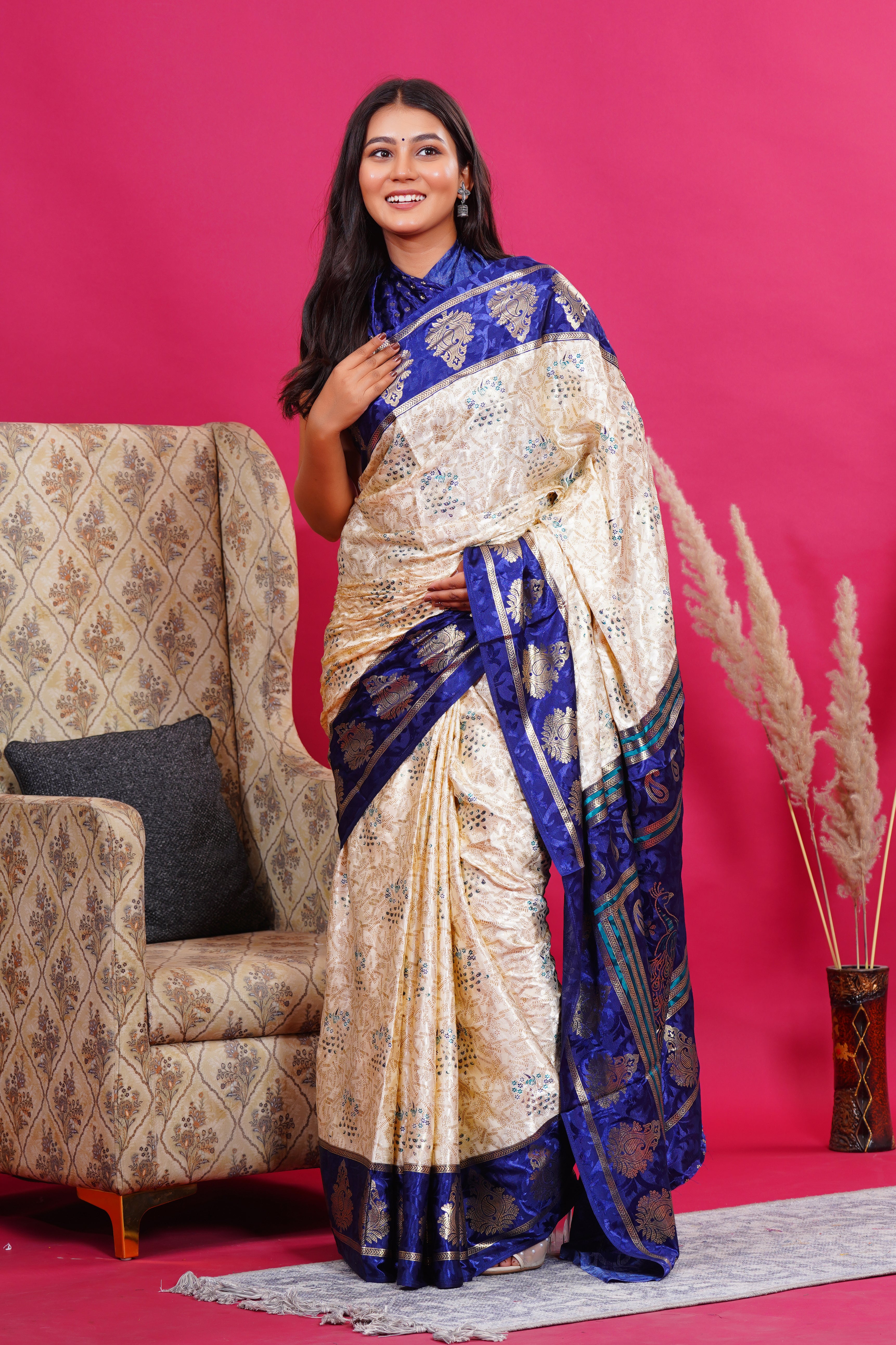Blue Golden Kalash Peacock Silk Saree
