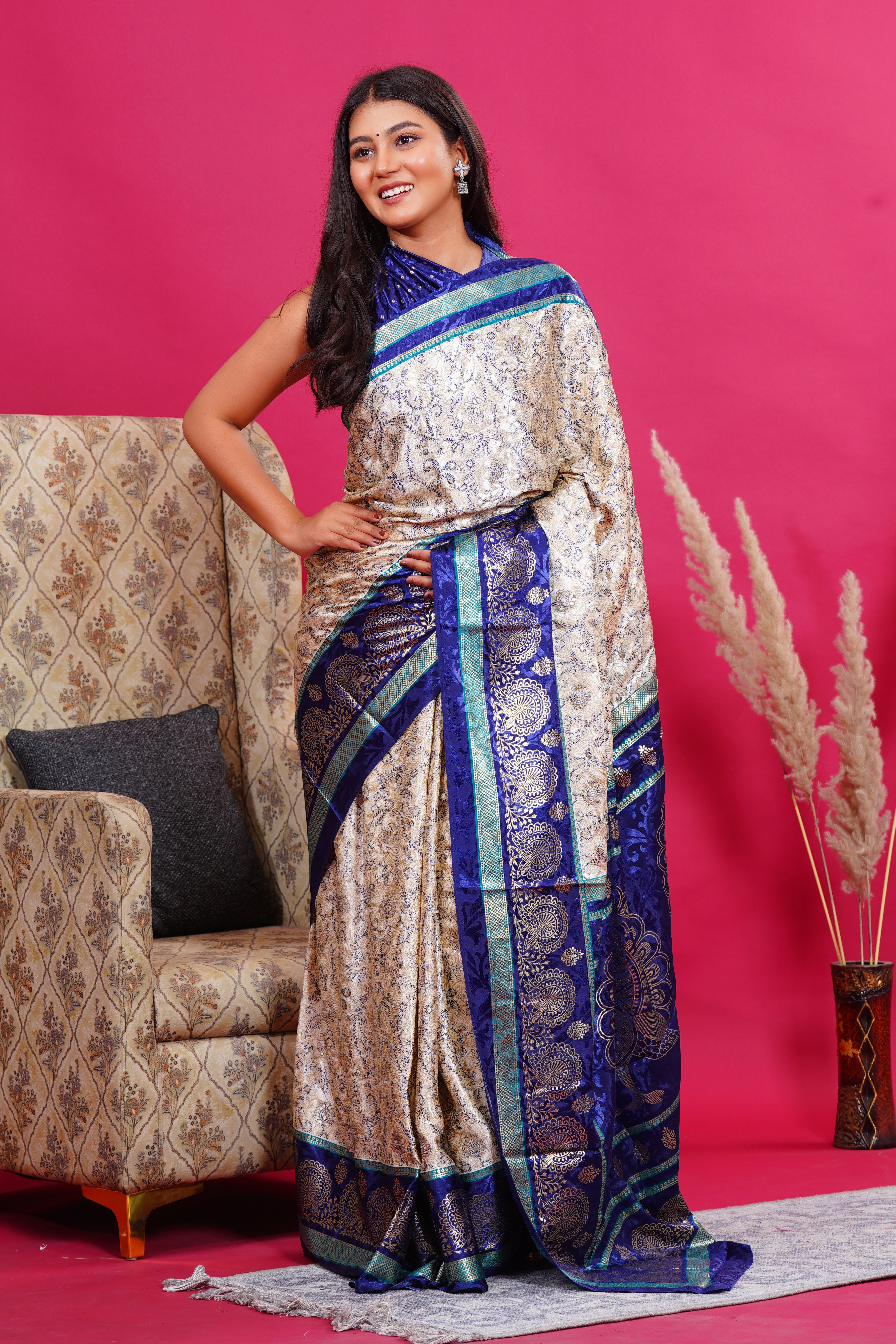 Blue Golden Flower Peacock Silk Saree