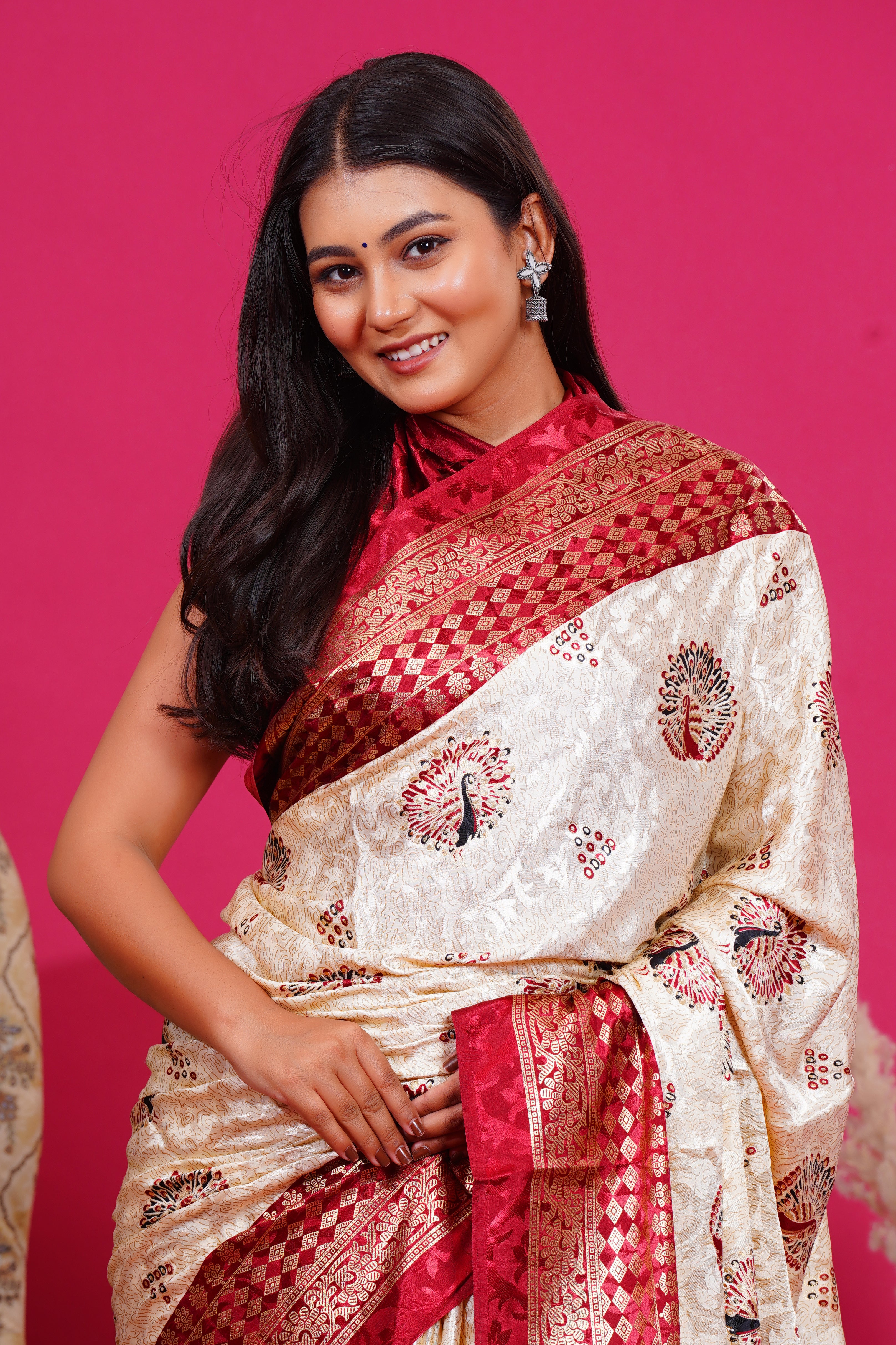 Maroon Golden Peacock Silk Saree