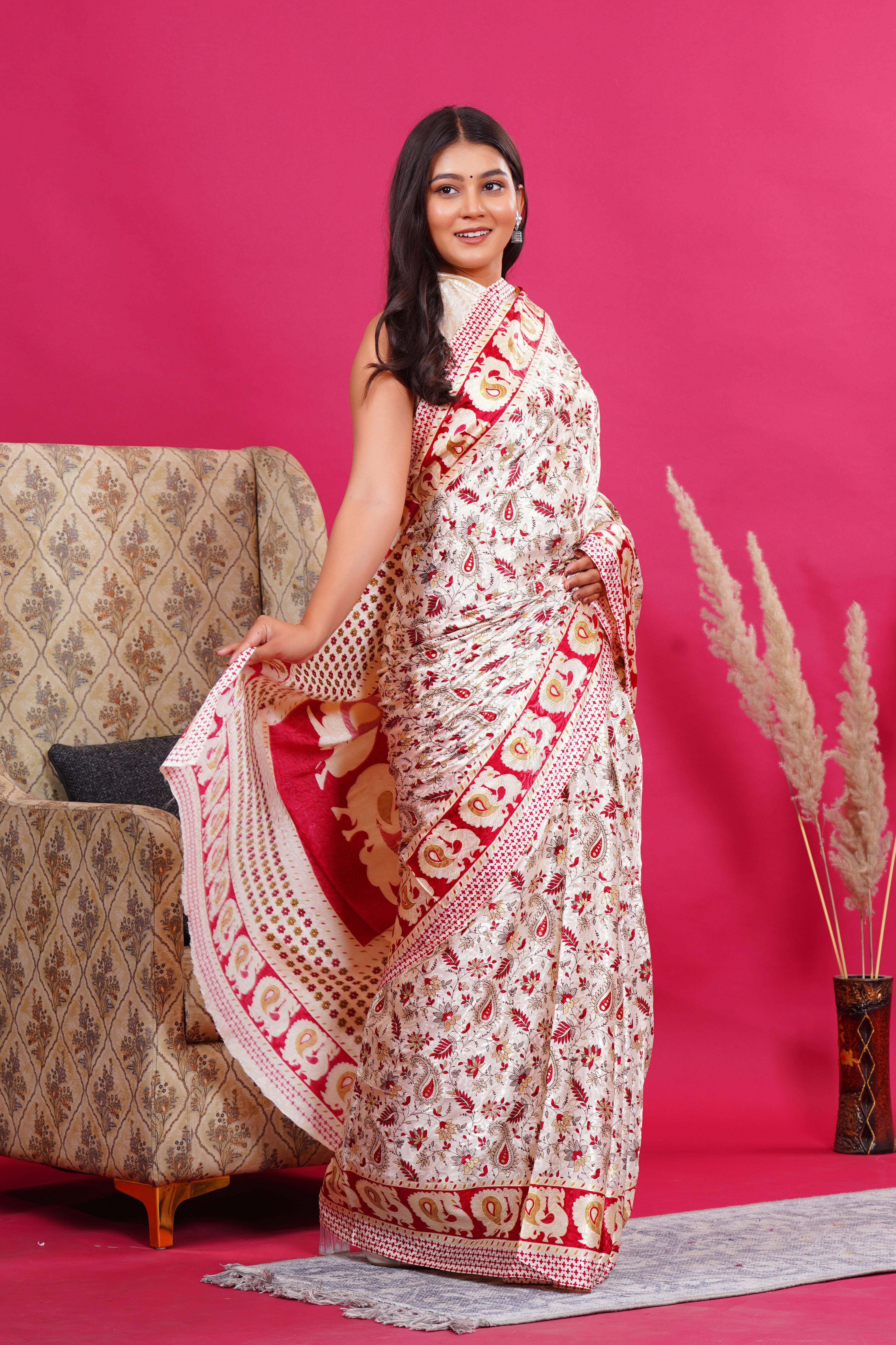 Maroon Golden Floral Peacock Silk Saree