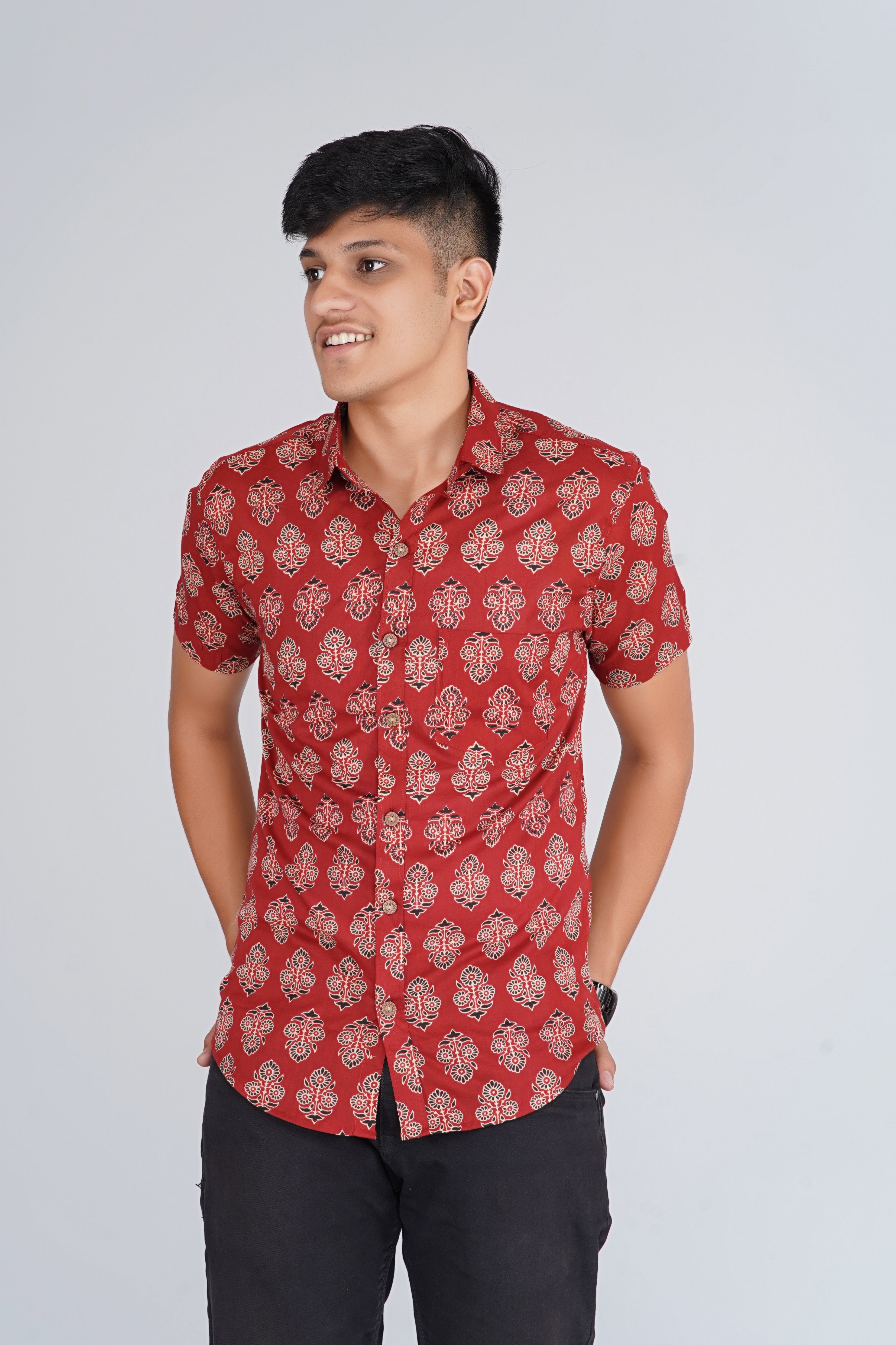 Maroon Ajrakh Butta Half Sleeves Shirt