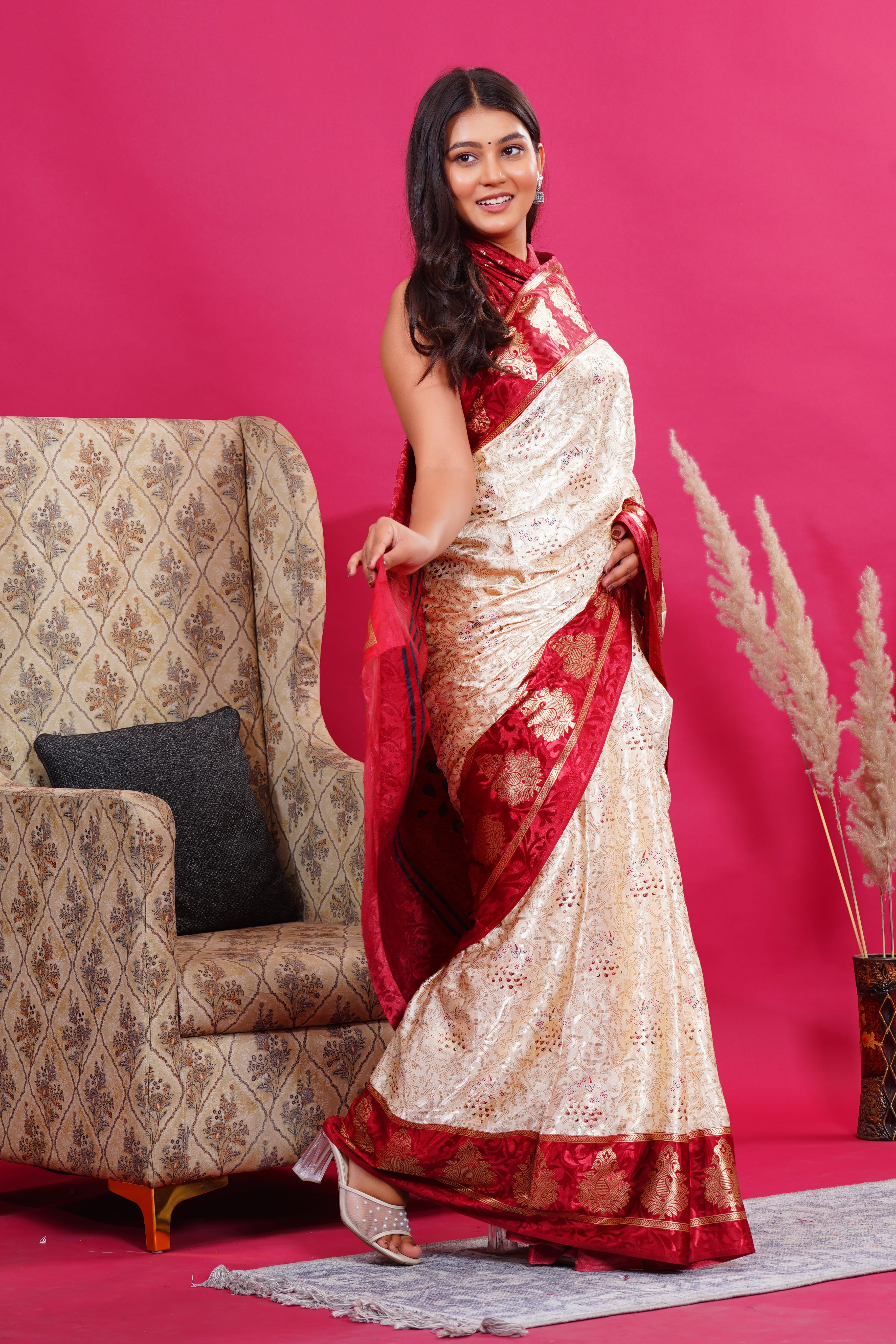 Maroon Golden Kalash Peacock Silk Saree