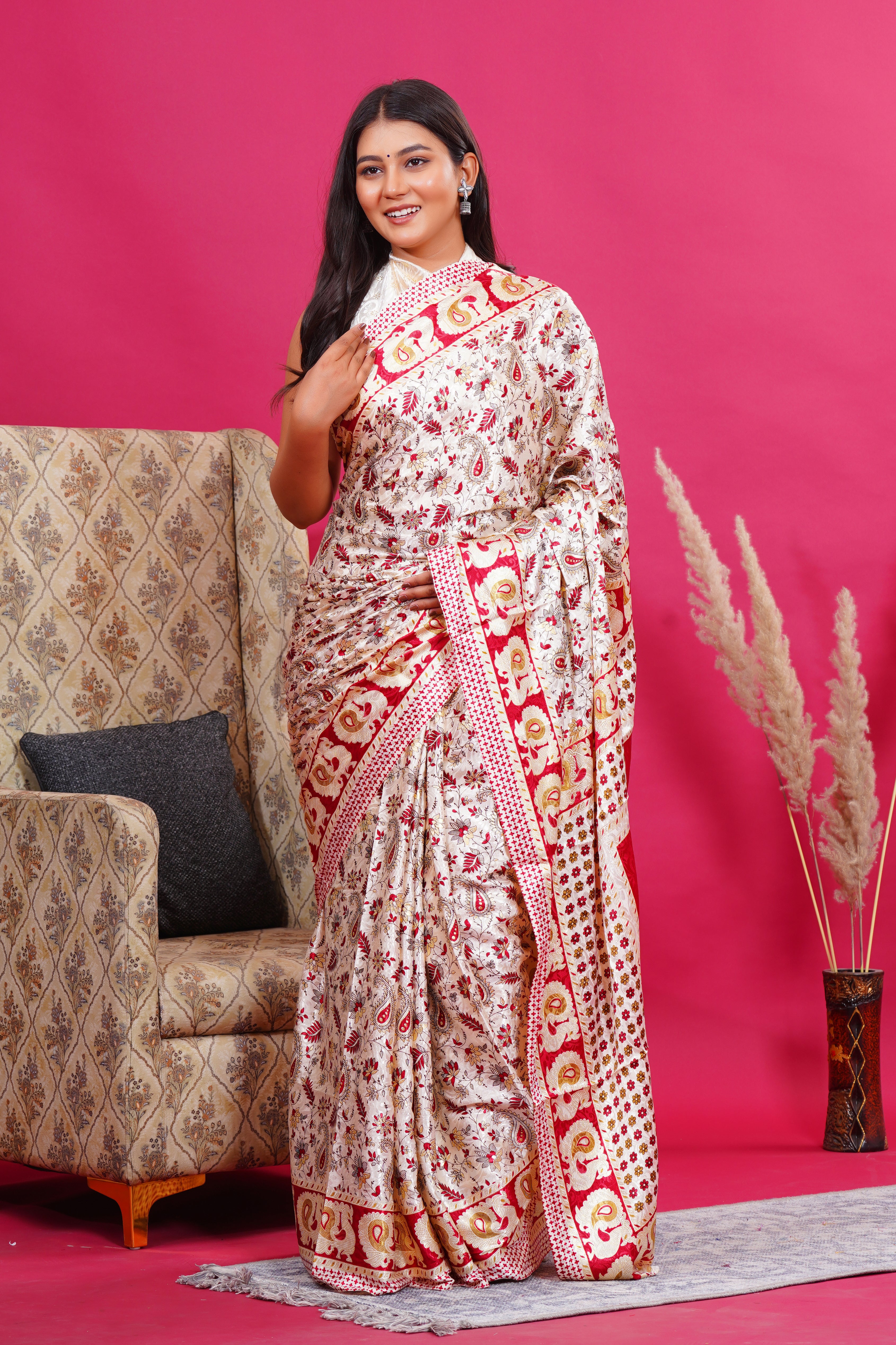 Maroon Golden Floral Peacock Silk Saree